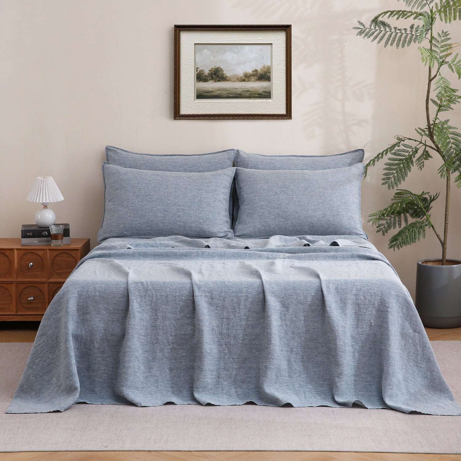 Blue Denim 100% Organic Linen Yarn Dyed Sheets Set-Victory Symbol