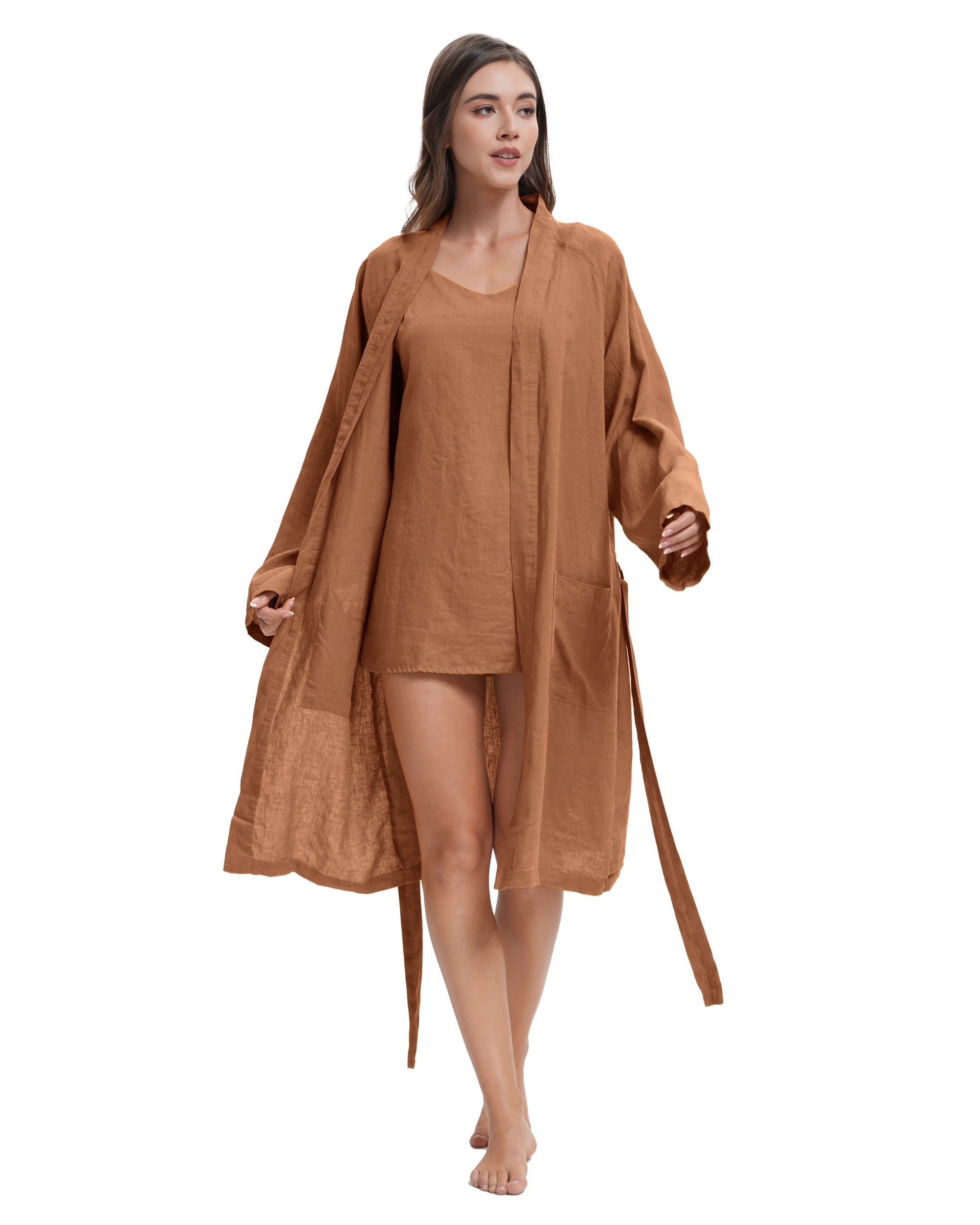 Rust 100% Organic Linen Women's V-Neck Robes-Victory Symbol