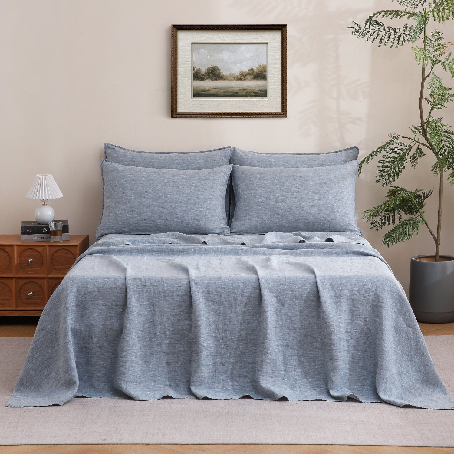 Blue Denim 100% Organic Linen Yarn Dyed Sheets Set-Victory Symbol