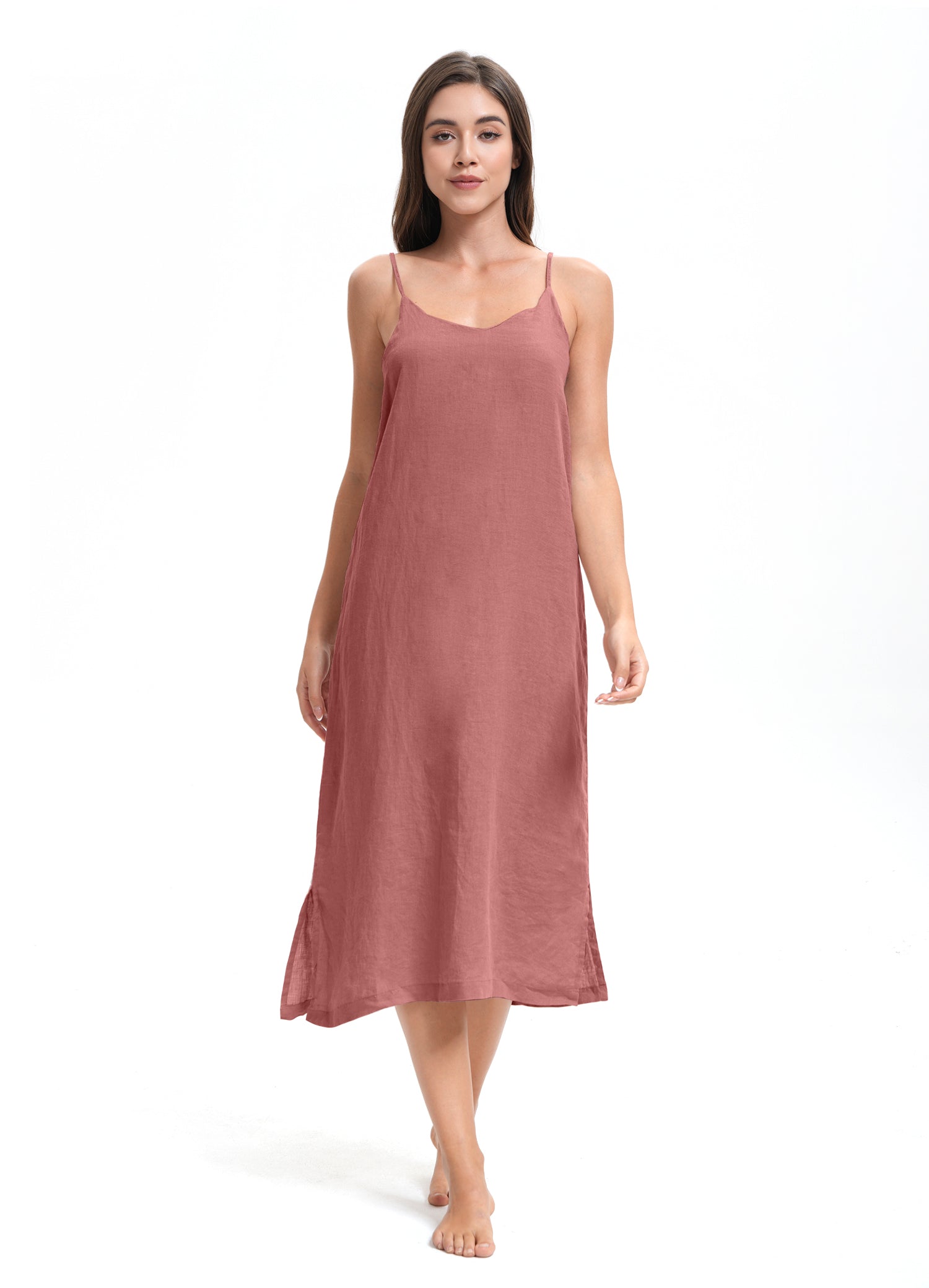 Clay Red 100% Organic Linen Midi Dress - Victory Symbol S Clay Red 100% Organic Linen Midi Dress - Victory Symbol S