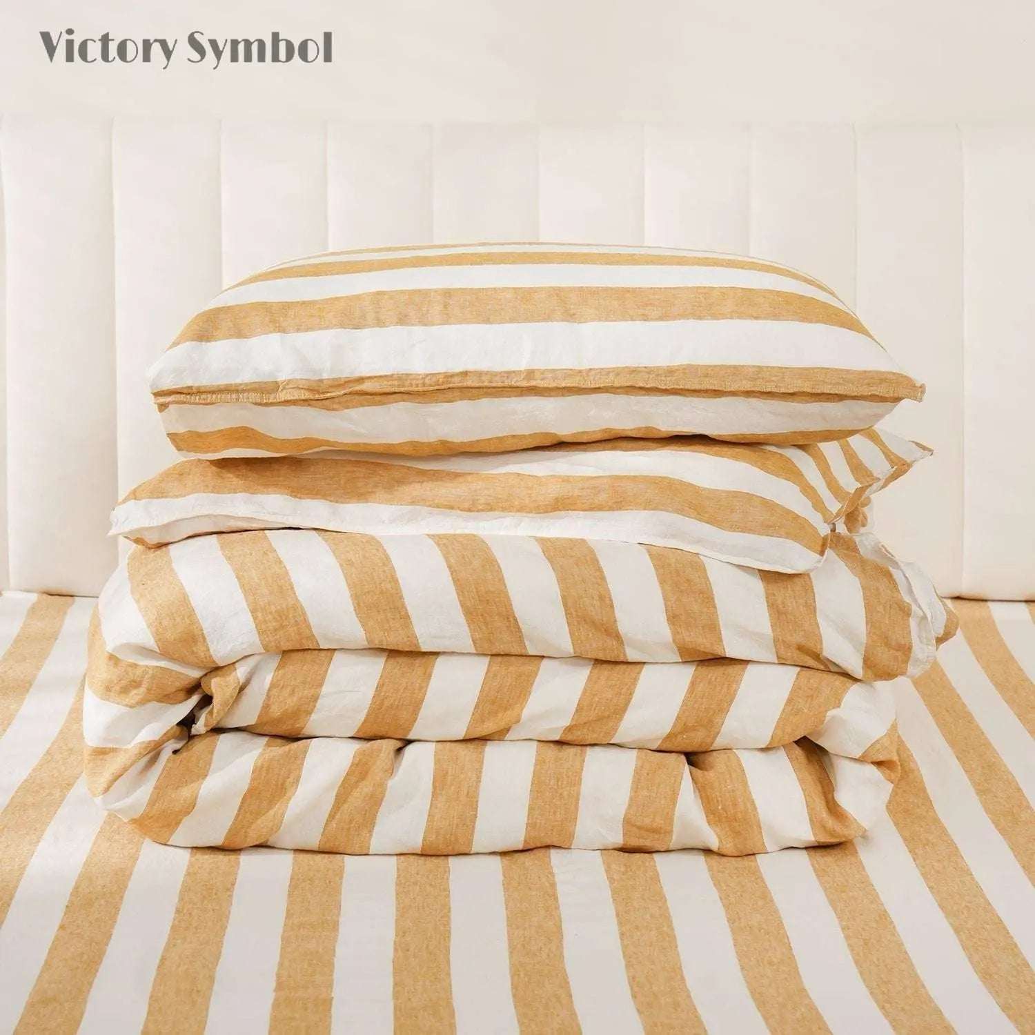 Yellow Stripe 100% Organic Linen Yarn Dyed Duvet Cover (Only 1 Piece) - Victory Symbol