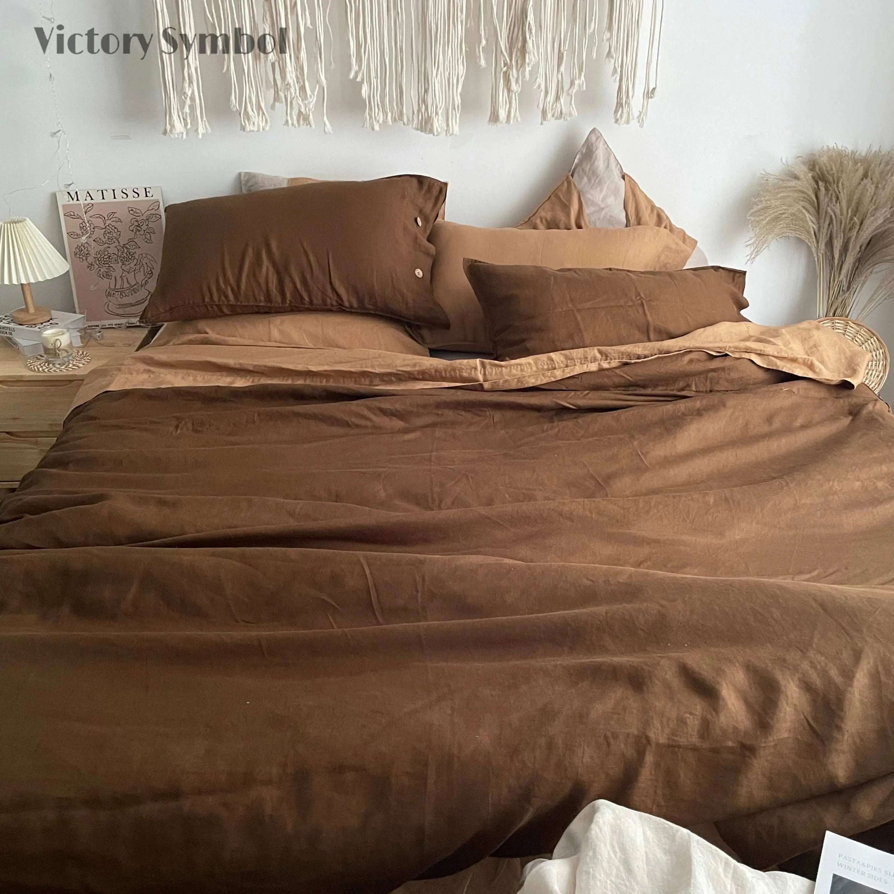 Amber & Mocha 100% Organic Linen Bedding Bundle - Victory Symbol