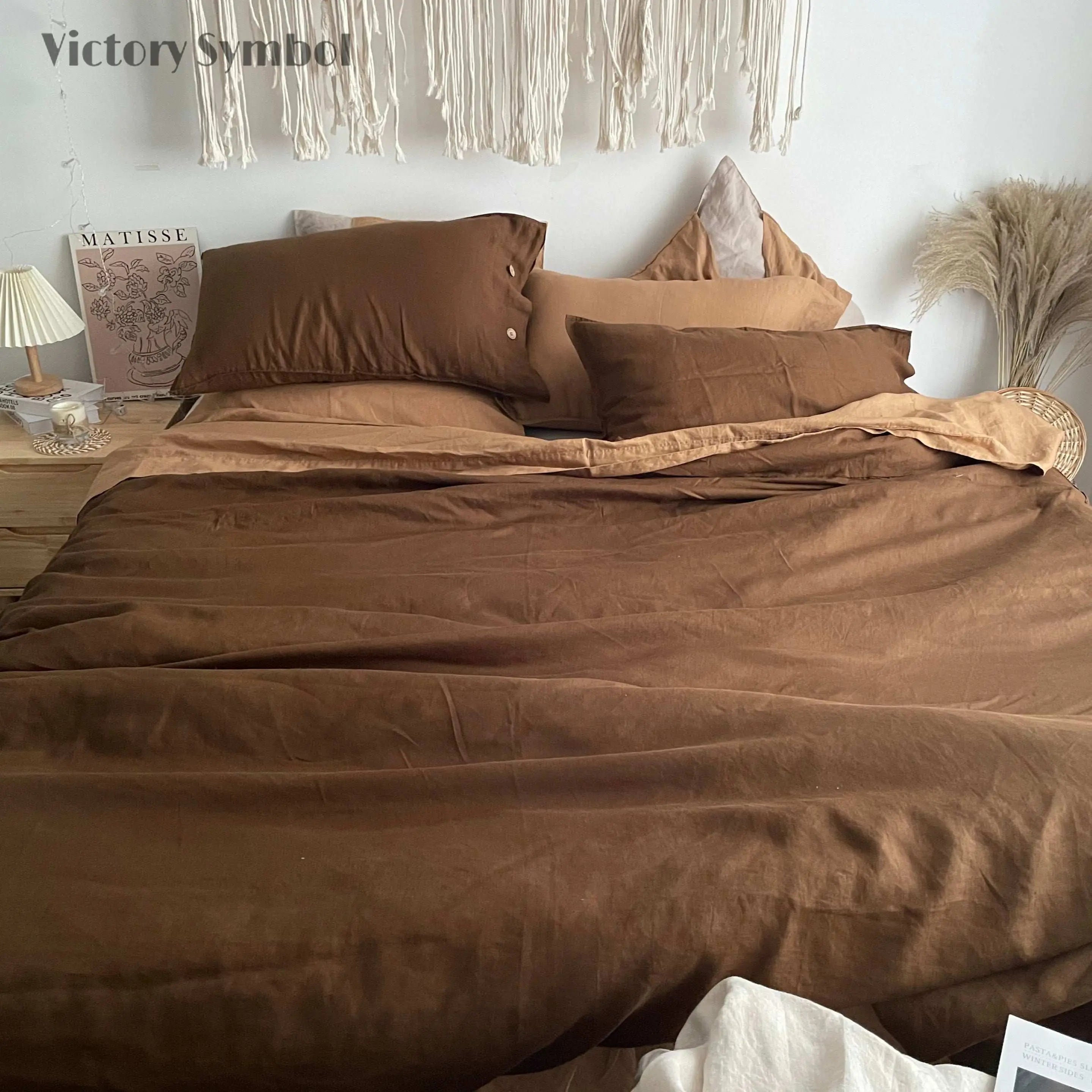 Amber & Mocha 100% Organic Linen Bedding Bundle - Victory Symbol