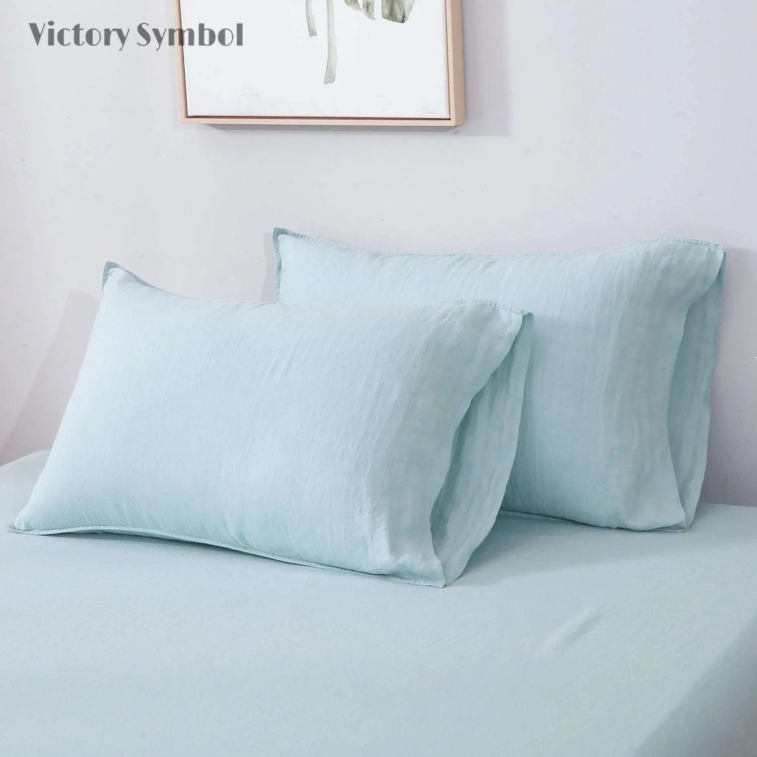 Aqua Blue 100% Organic Linen Pillowcases - Victory Symbol