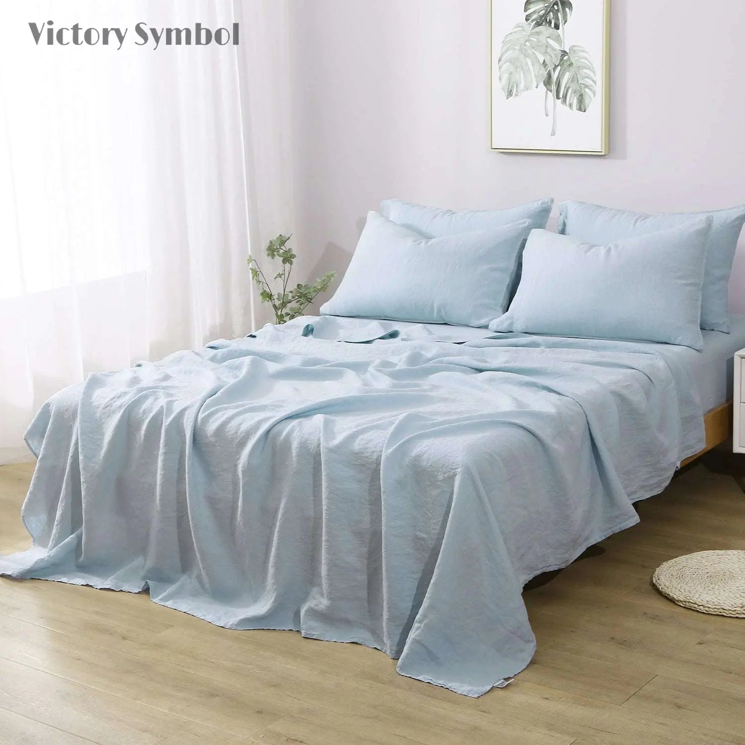 Aqua Blue 100% Organic Linen Sheets Set - Victory Symbol