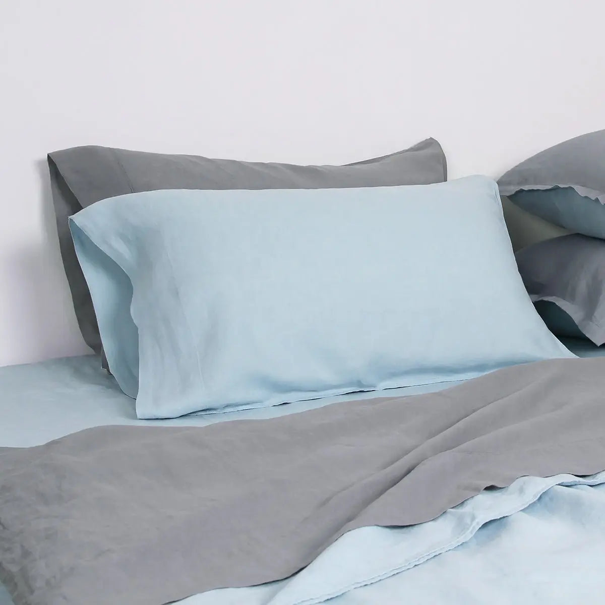 Aqua Blue And Light Grey Colorblock 100% Organic Linen Pillowcases - Victory Symbol