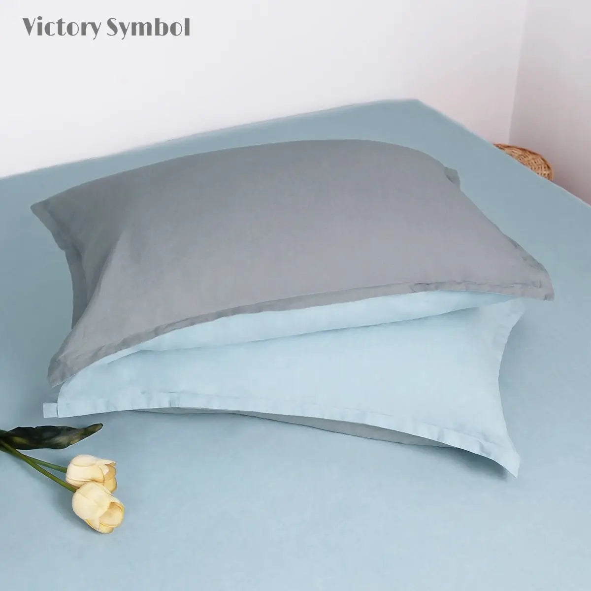 Aqua Blue And Light Grey Colorblock 100% Organic Linen Pillowcases - Victory Symbol