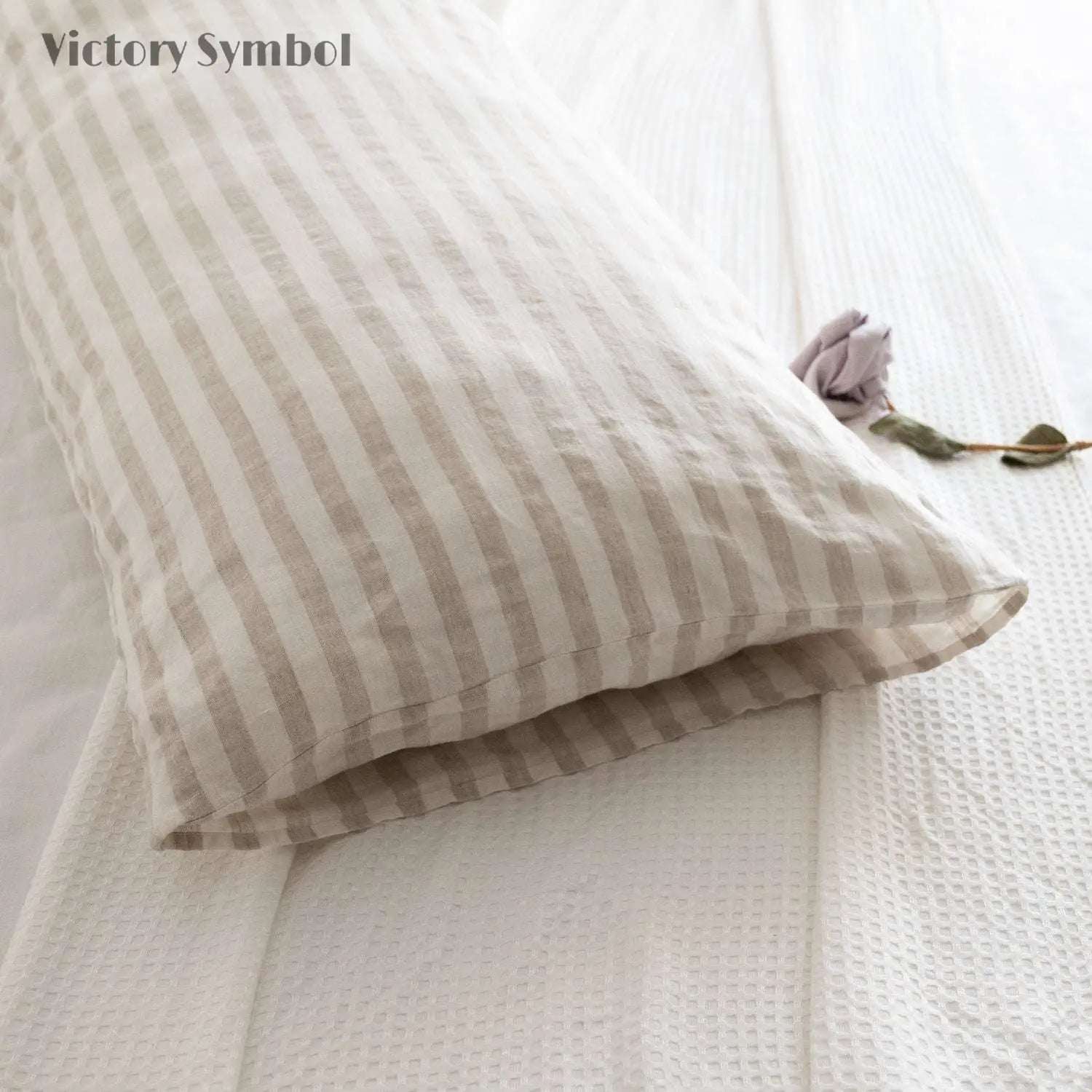 Beige Stripe 100% Organic Linen Body Yarn Dyed Pillowcase - Victory Symbol