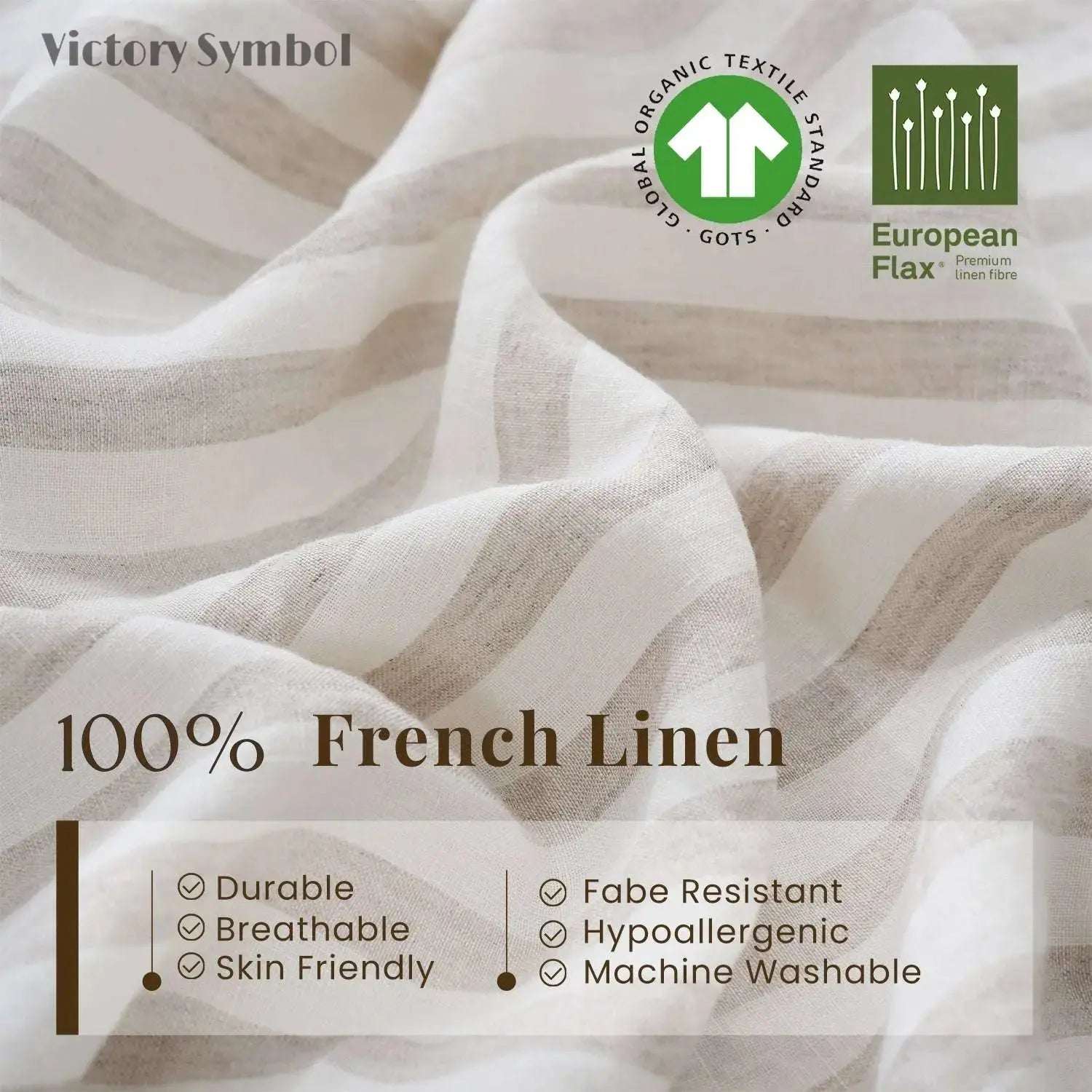 Beige Stripe 100% Organic Linen Body Yarn Dyed Pillowcase - Victory Symbol