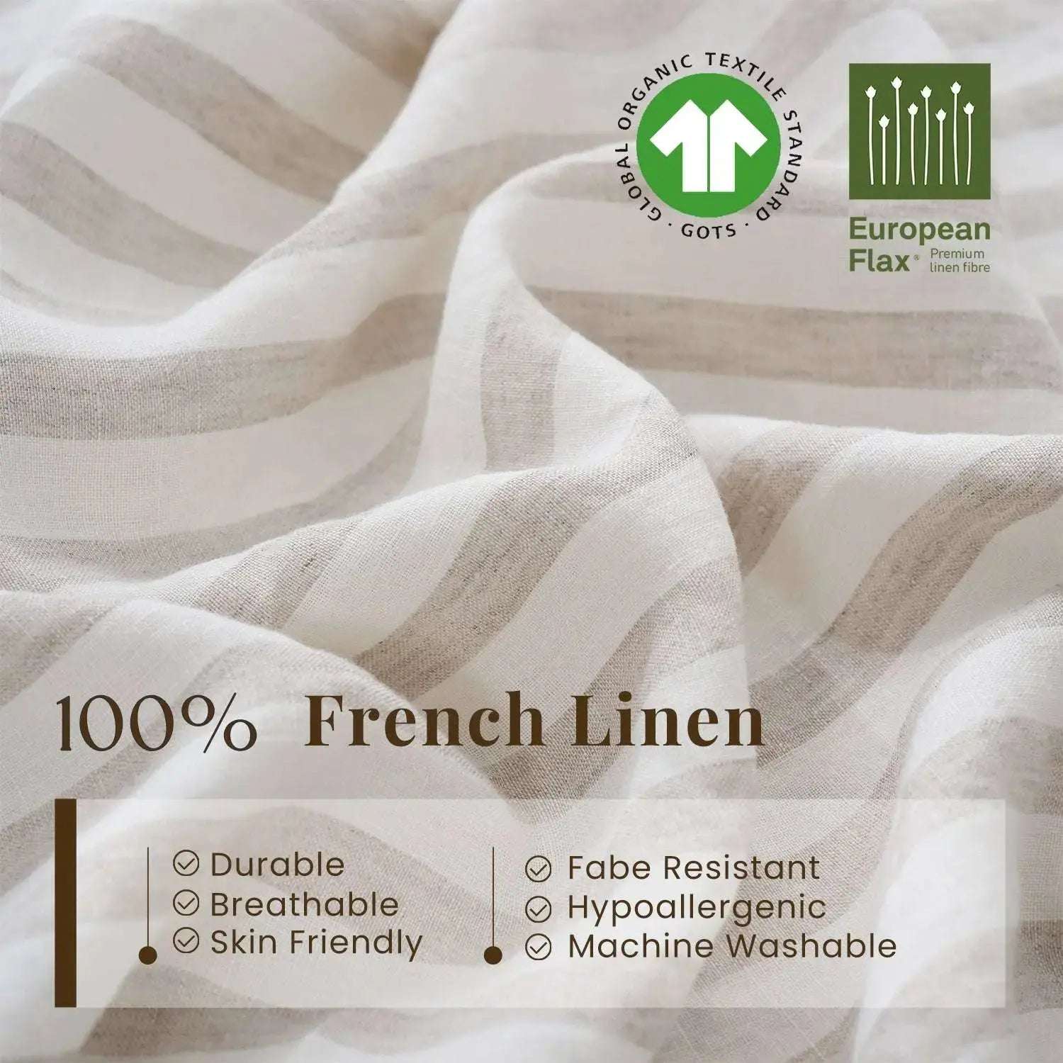 Beige Stripe 100% Organic Linen Body Yarn Dyed Pillowcase-victory symbol