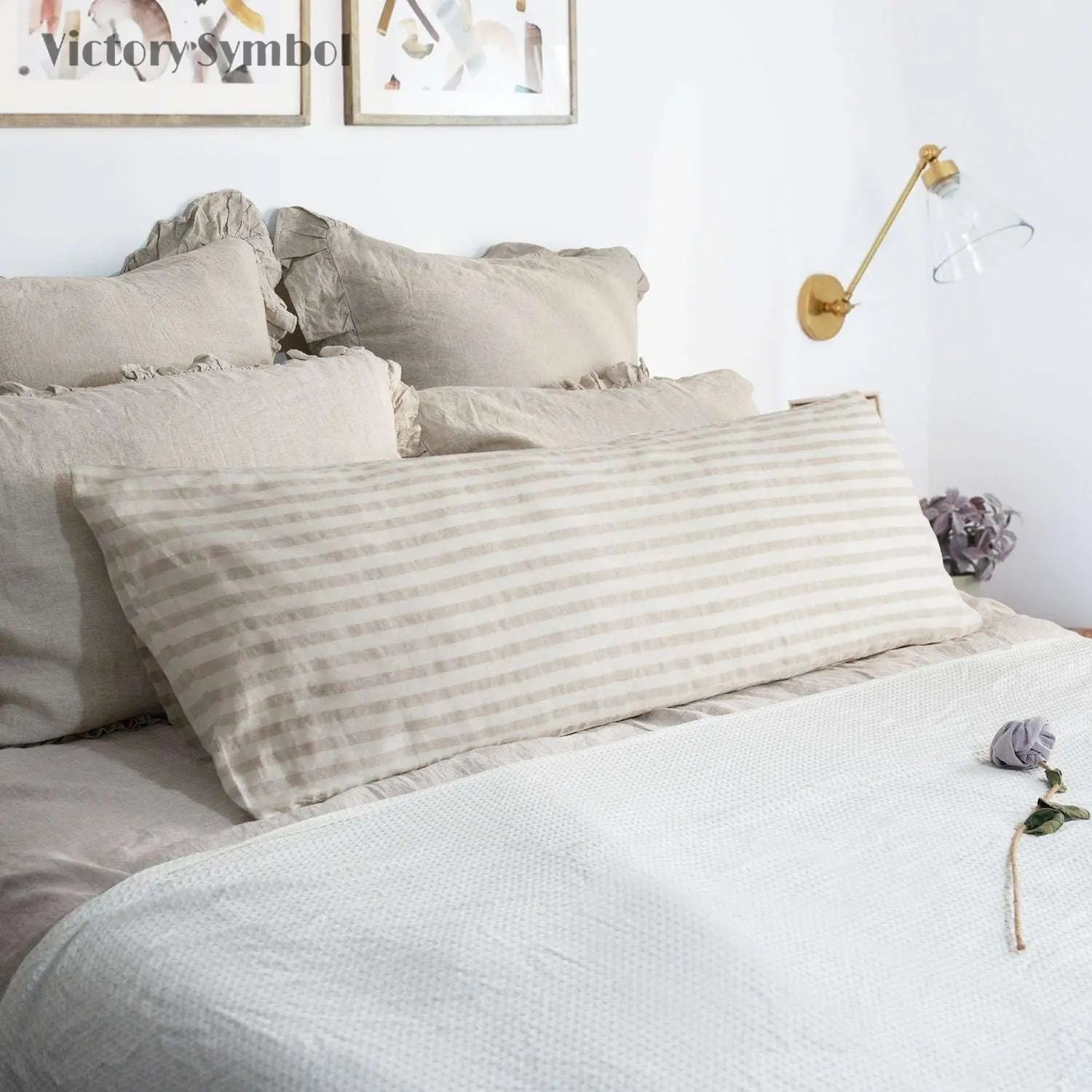 Beige Stripe 100% Organic Linen Body Yarn Dyed Pillowcase - Victory Symbol