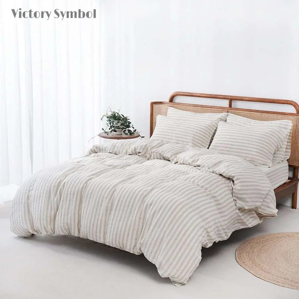 Beige Stripe 100% Organic Linen Yarn Dyed Duvet Cover(Only 1 Piece) - Victory Symbol