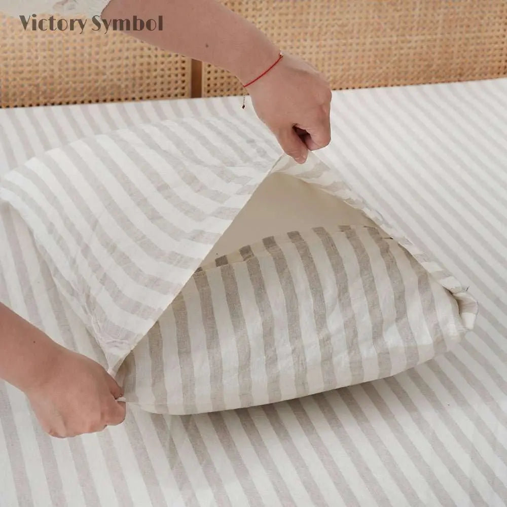 Beige Stripe 100% Organic Linen Yarn Dyed Duvet Cover Set - Victory Symbol