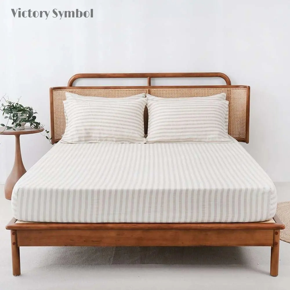 Beige Stripe 100% Organic Linen Yarn Dyed Fitted Sheet - Victory Symbol