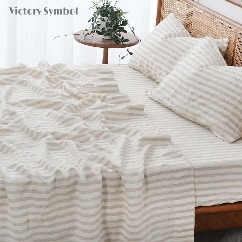 Beige Stripe 100% Organic Linen Yarn Dyed Flat Sheet - Victory Symbol