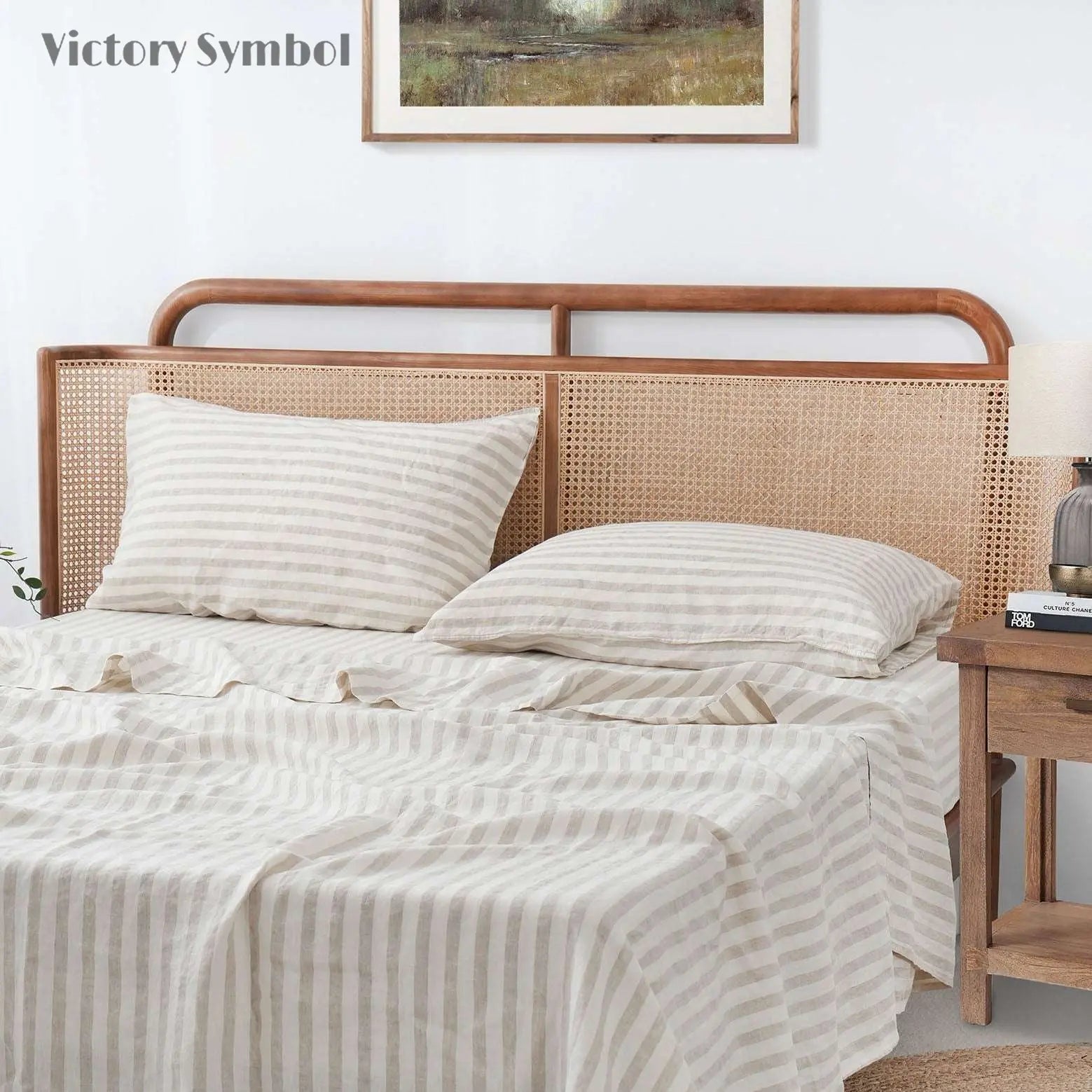 Beige Stripe 100% Organic Linen Yarn Dyed Pillowcases - Victory Symbol
