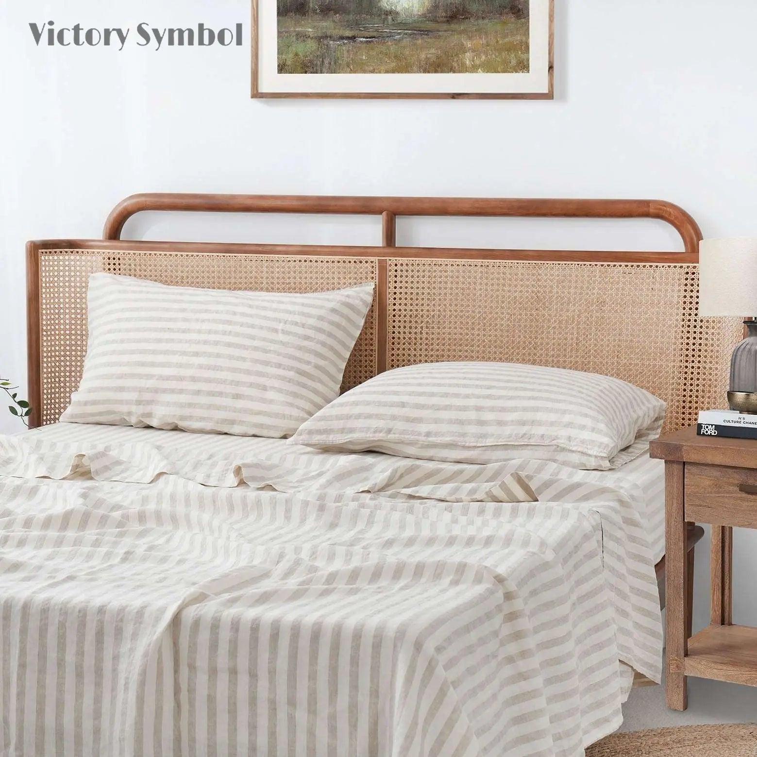 Beige Stripe 100% Organic Linen Yarn Dyed Pillowcases - Victory Symbol