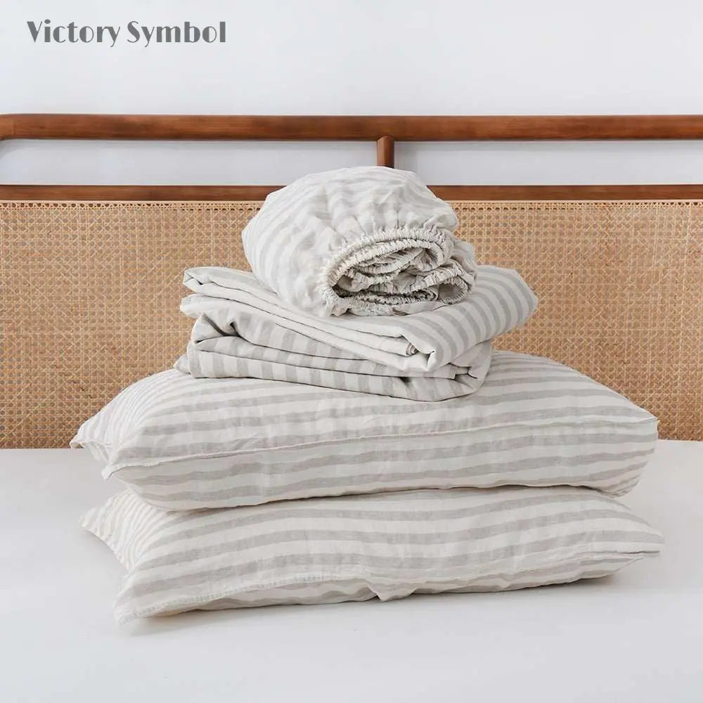 Beige Stripe 100% Organic Linen Yarn Dyed Sheets Set - Victory Symbol