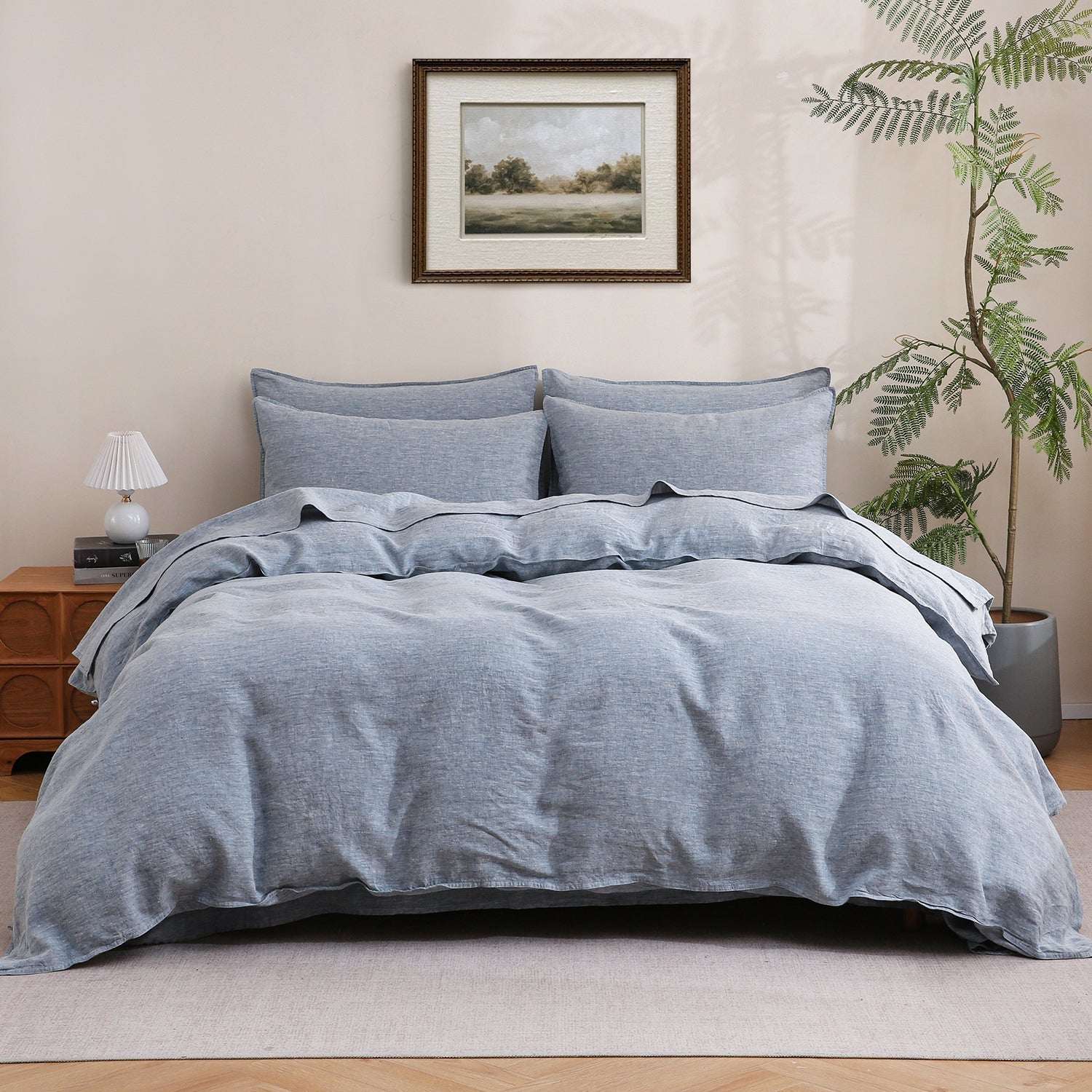 Blue Denim 100% Organic Linen Yarn Dyed Duvet Cover Set-Victory Symbol