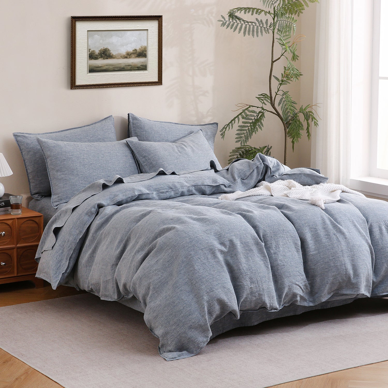 Blue Denim 100% Organic Linen Yarn Dyed Duvet Cover Set-Victory Symbol
