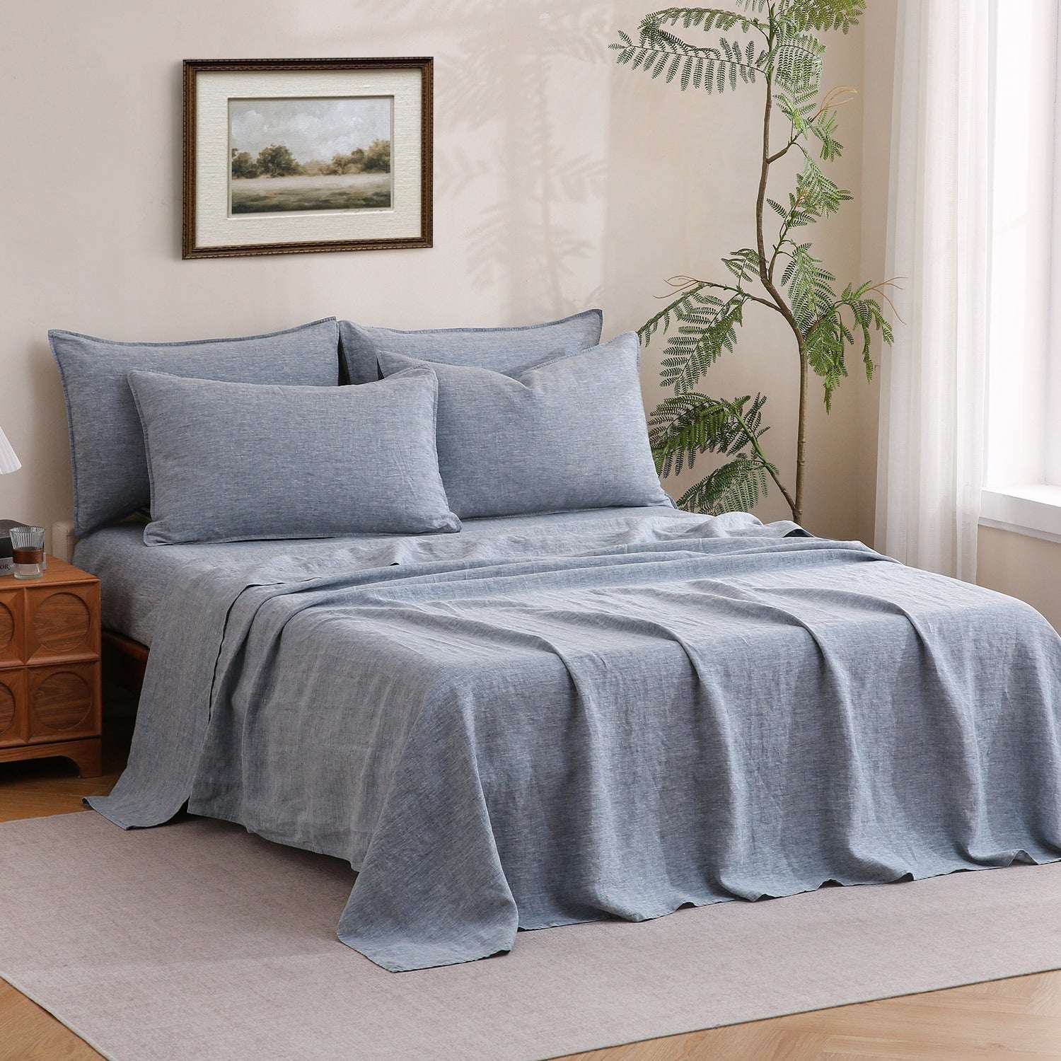 Blue Denim 100% Organic Linen Yarn Dyed Sheets Set-Victory Symbol