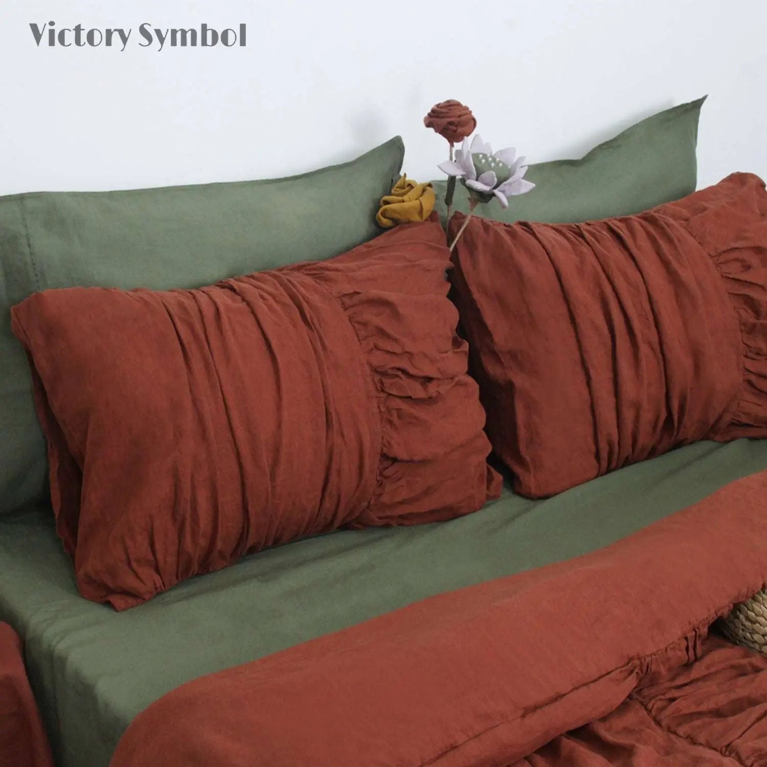 Burgundy Luxury Pinch Pleat 100% Organic Linen Pillowcases - Victory Symbol