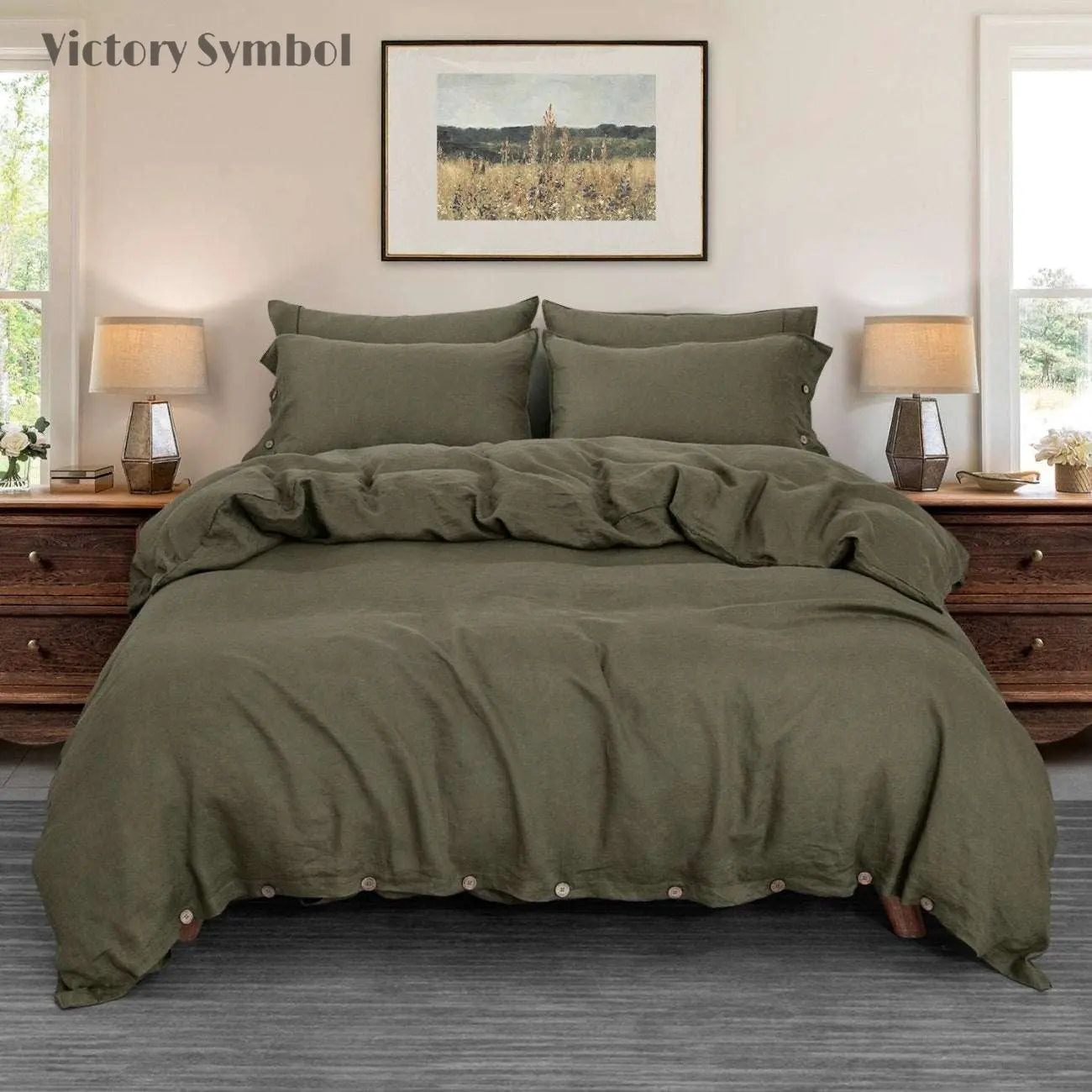 Burnt Olive 100% Organic Linen Duvet Cover (Only 1 Piece) - Victory Symbol