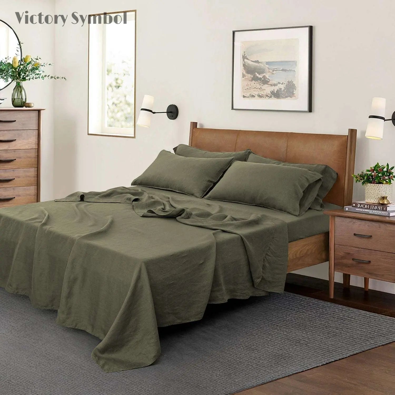 Burnt Olive 100% Organic Linen Sheets Set - Victory Symbol
