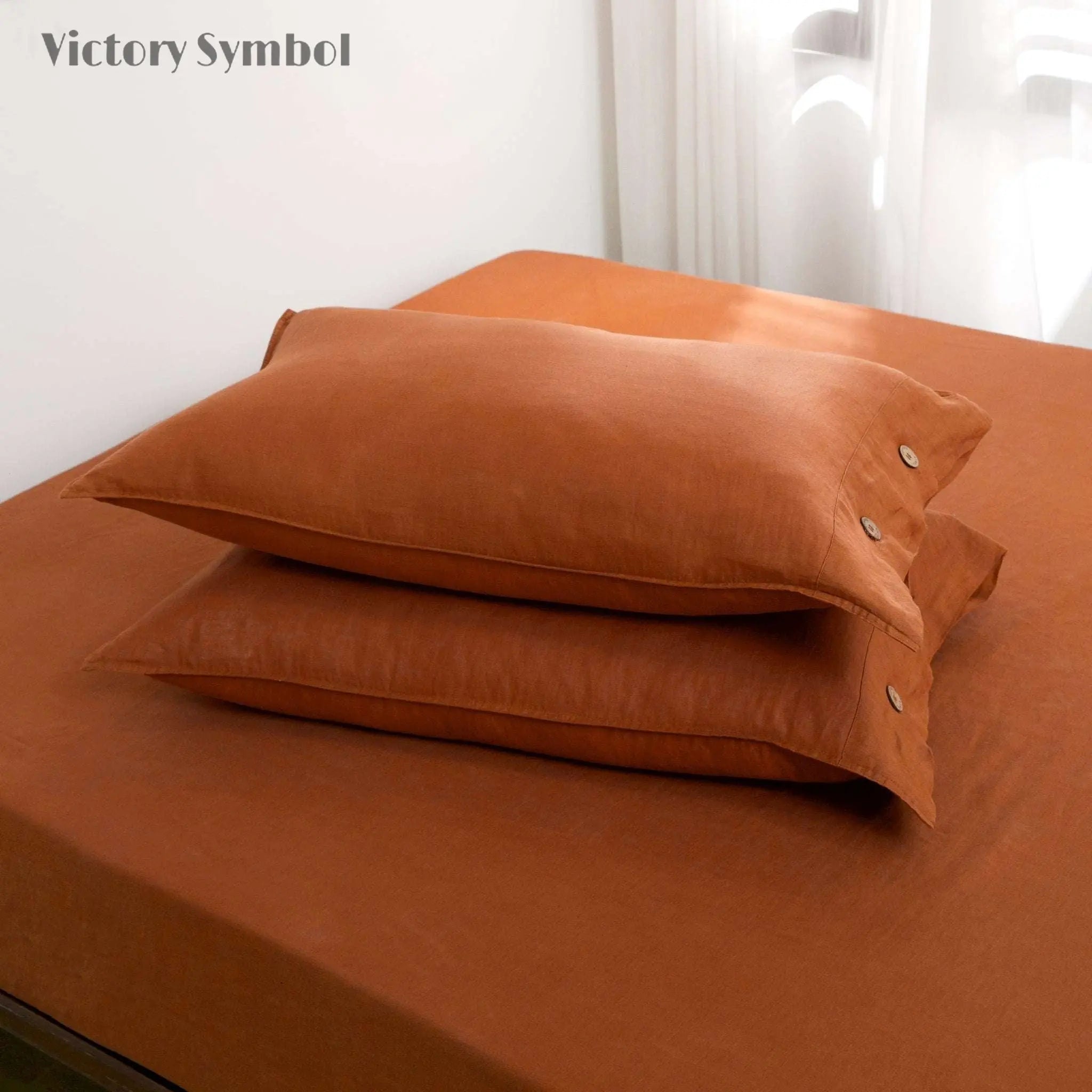 Caramel 100% Organic Linen Pillowcases With Coconut Button Closure - Victory Symbol