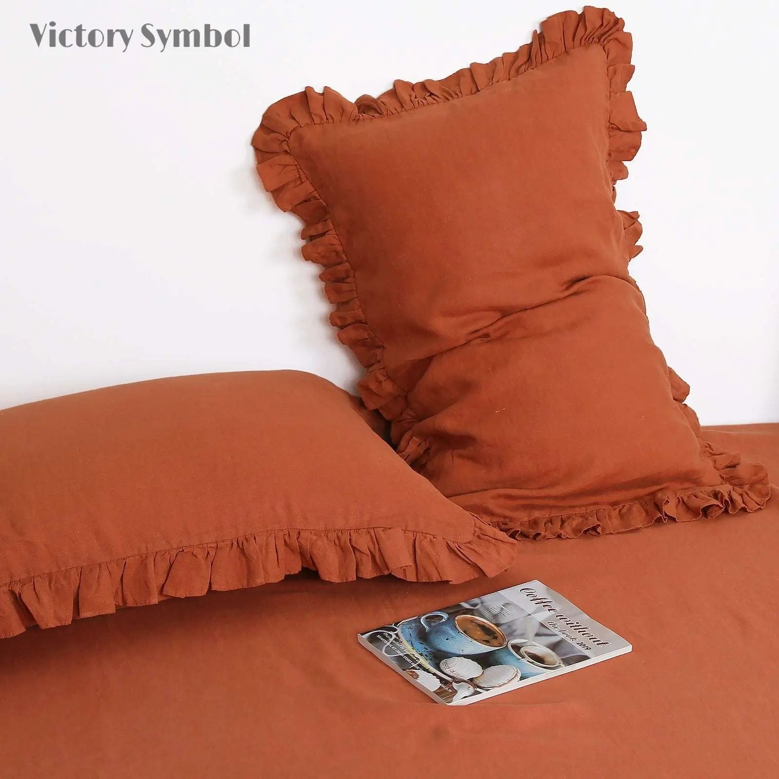 Caramel 100% Organic Linen Pillowcases With Ruffles - Victory Symbol