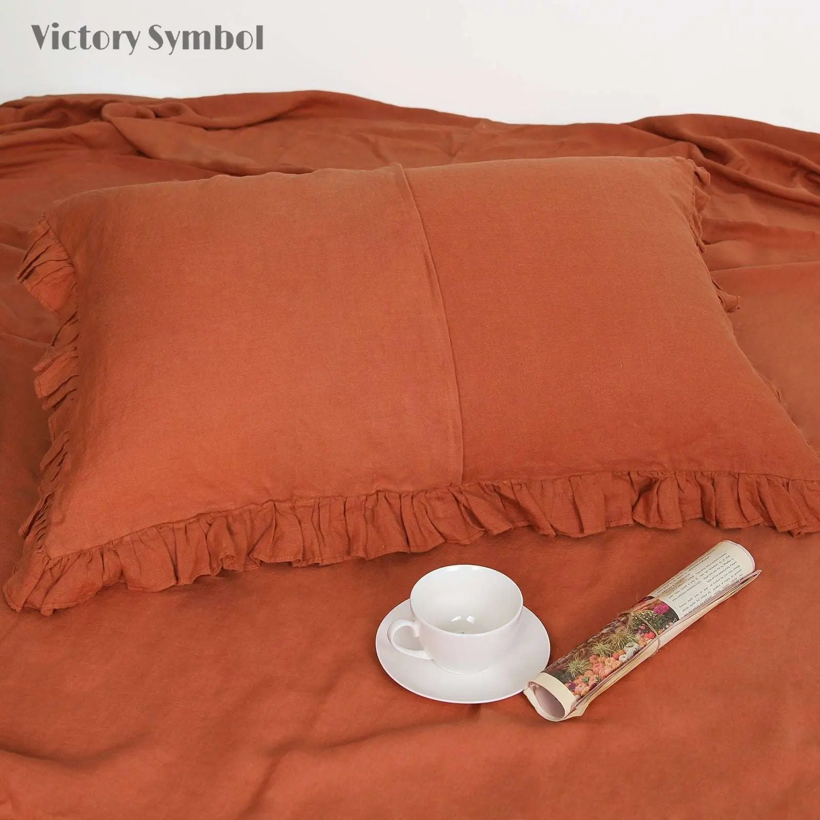 Caramel 100% Organic Linen Pillowcases With Ruffles - Victory Symbol