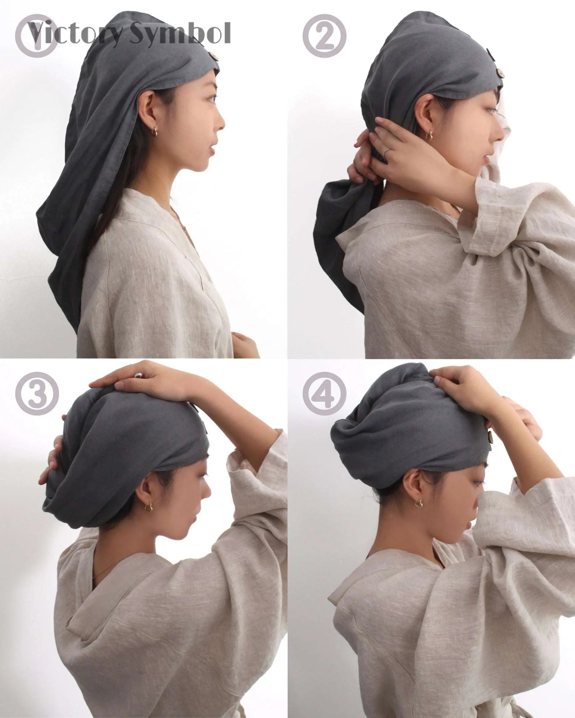 Charcoal Black 100% Organic French Linen 2 - Pack Hair Towel Wrap - Victory Symbol