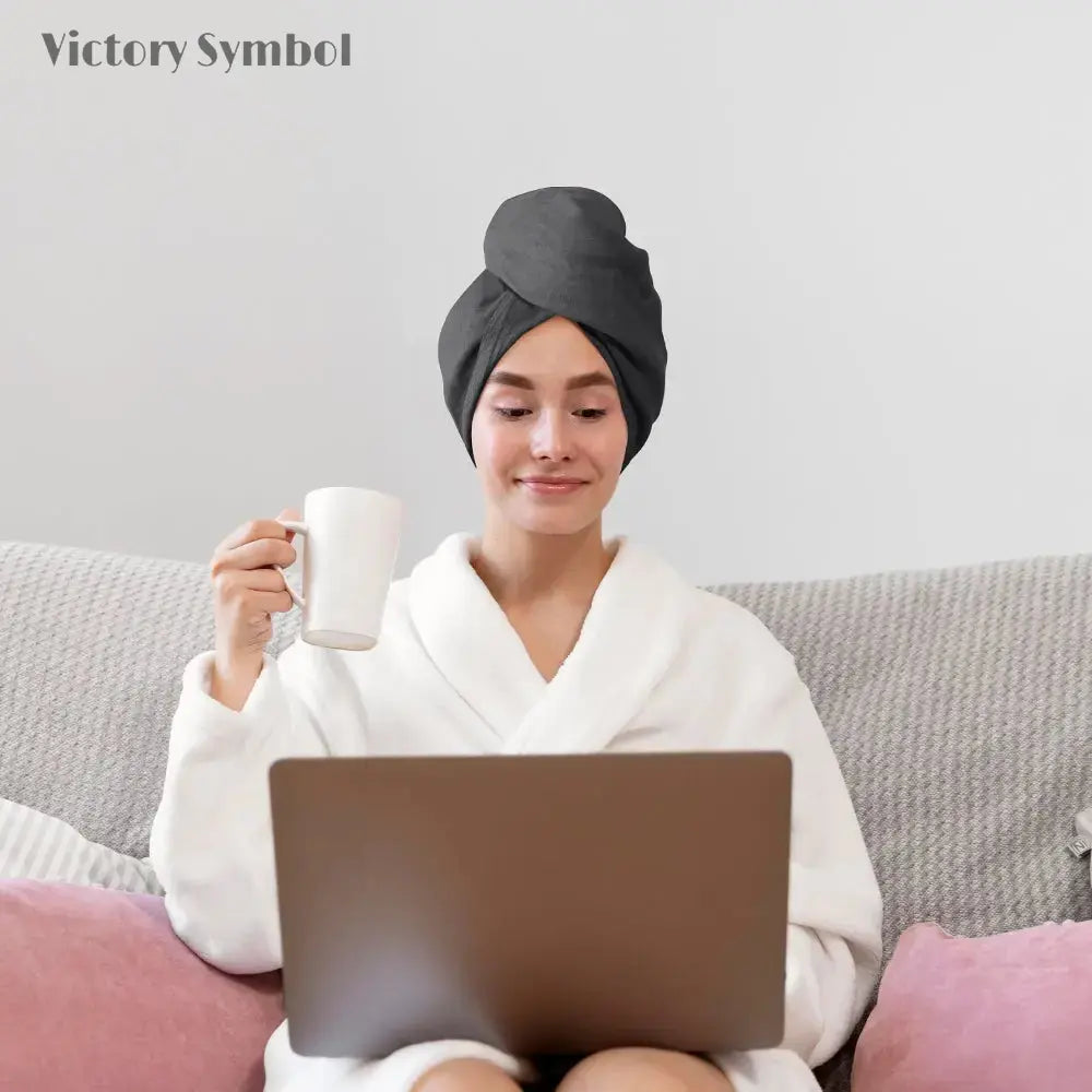 Charcoal Black + White 100% Organic French Linen 2 - Pack Hair Towel Wrap - Victory Symbol