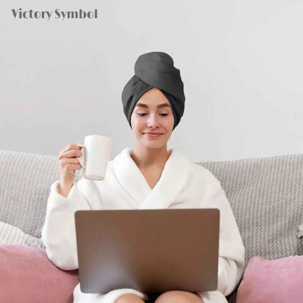 Charcoal Black + White 100% Organic French Linen 2 - Pack Hair Towel Wrap - Victory Symbol