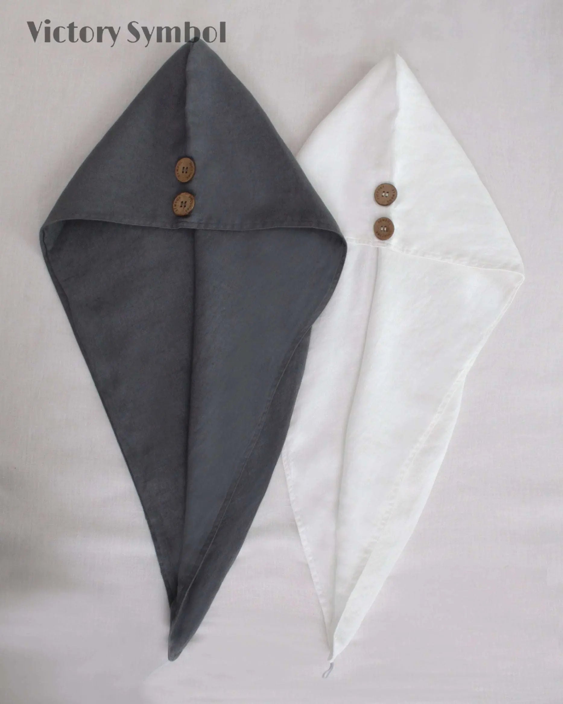 Charcoal Black + White 100% Organic French Linen 2 - Pack Hair Towel Wrap - Victory Symbol