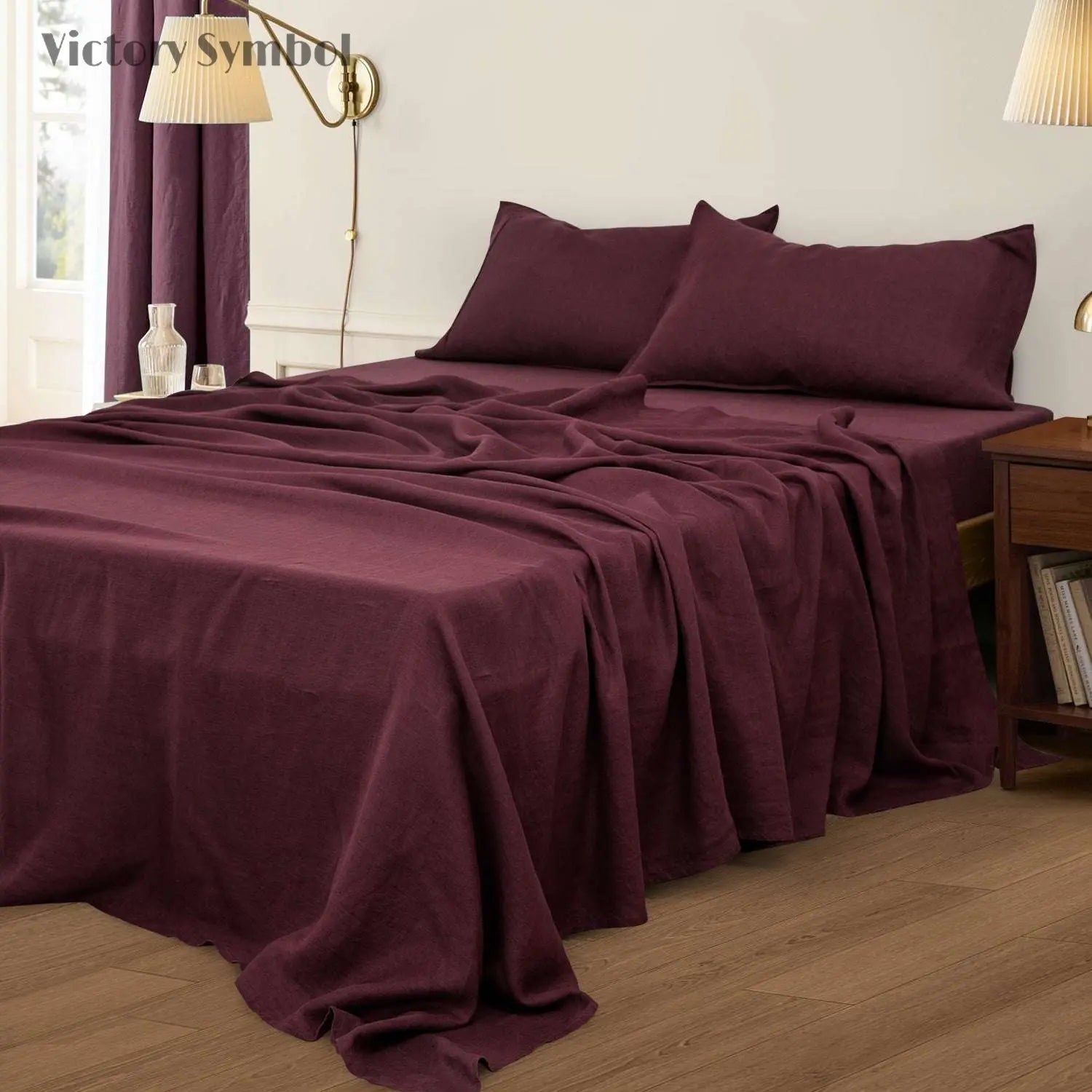 Claret Red 100% Organic Linen Flat Sheet - Victory Symbol