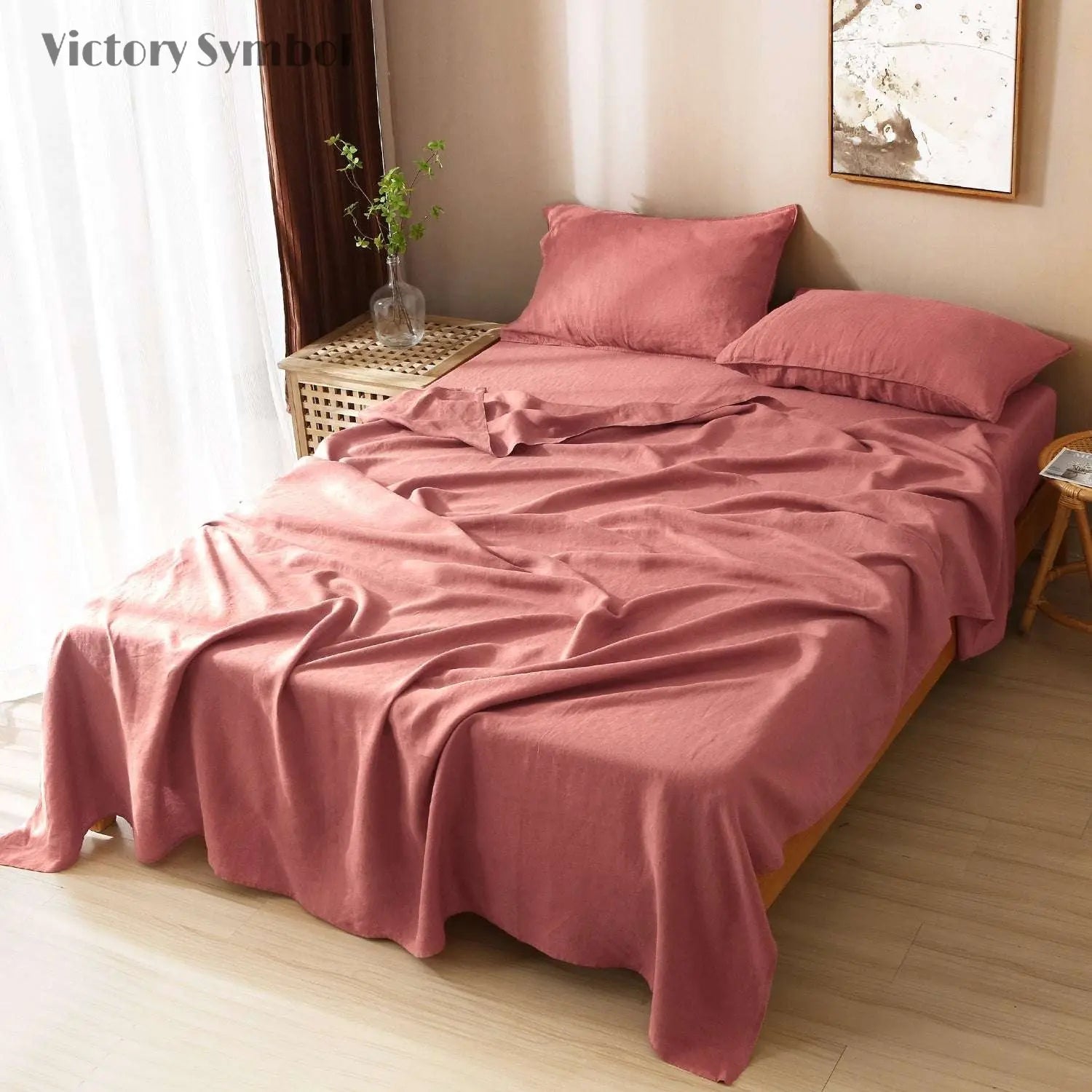 Clay Red 100% Organic Linen Flat Sheet - Victory Symbol