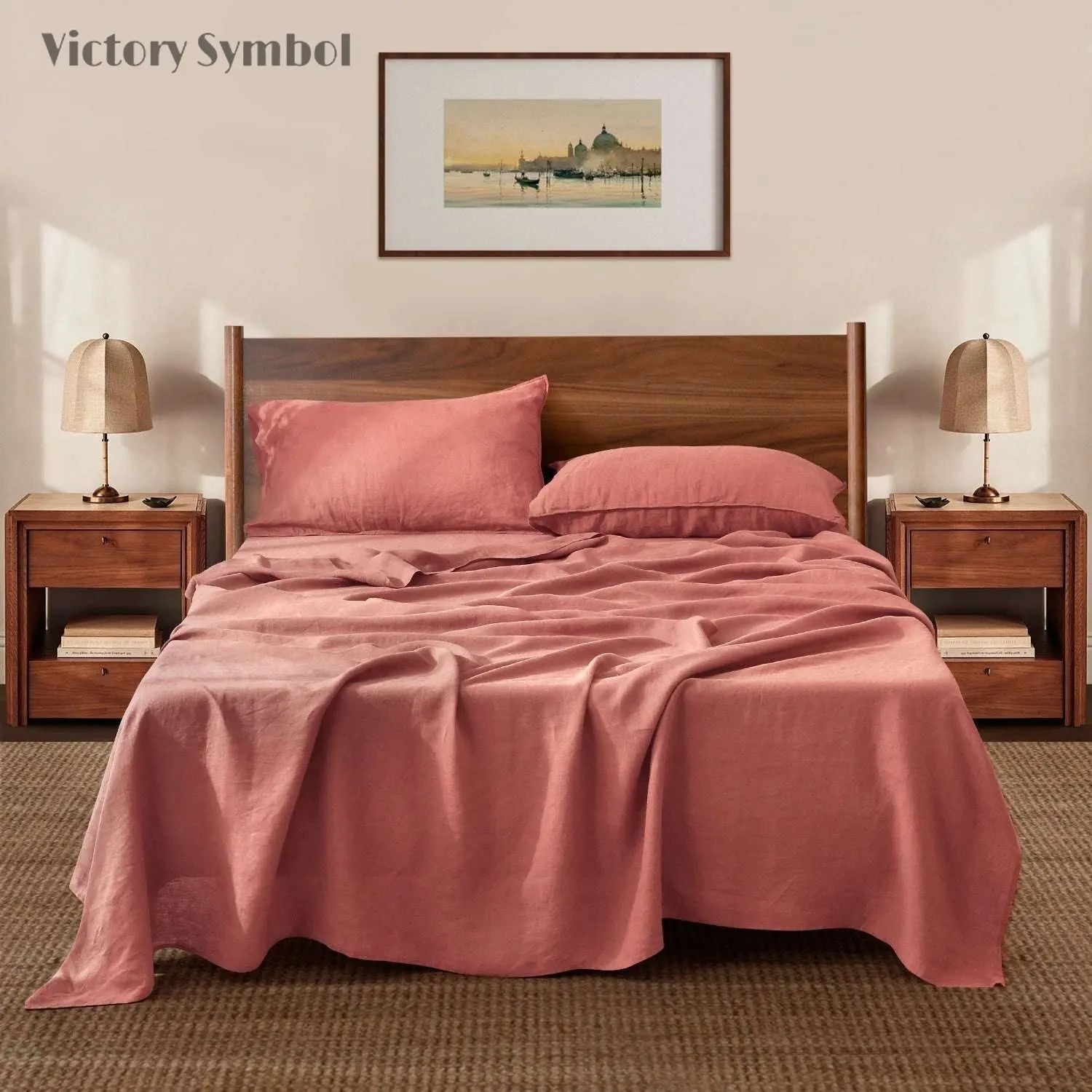 Clay Red 100% Organic Linen Sheets Set - Victory Symbol
