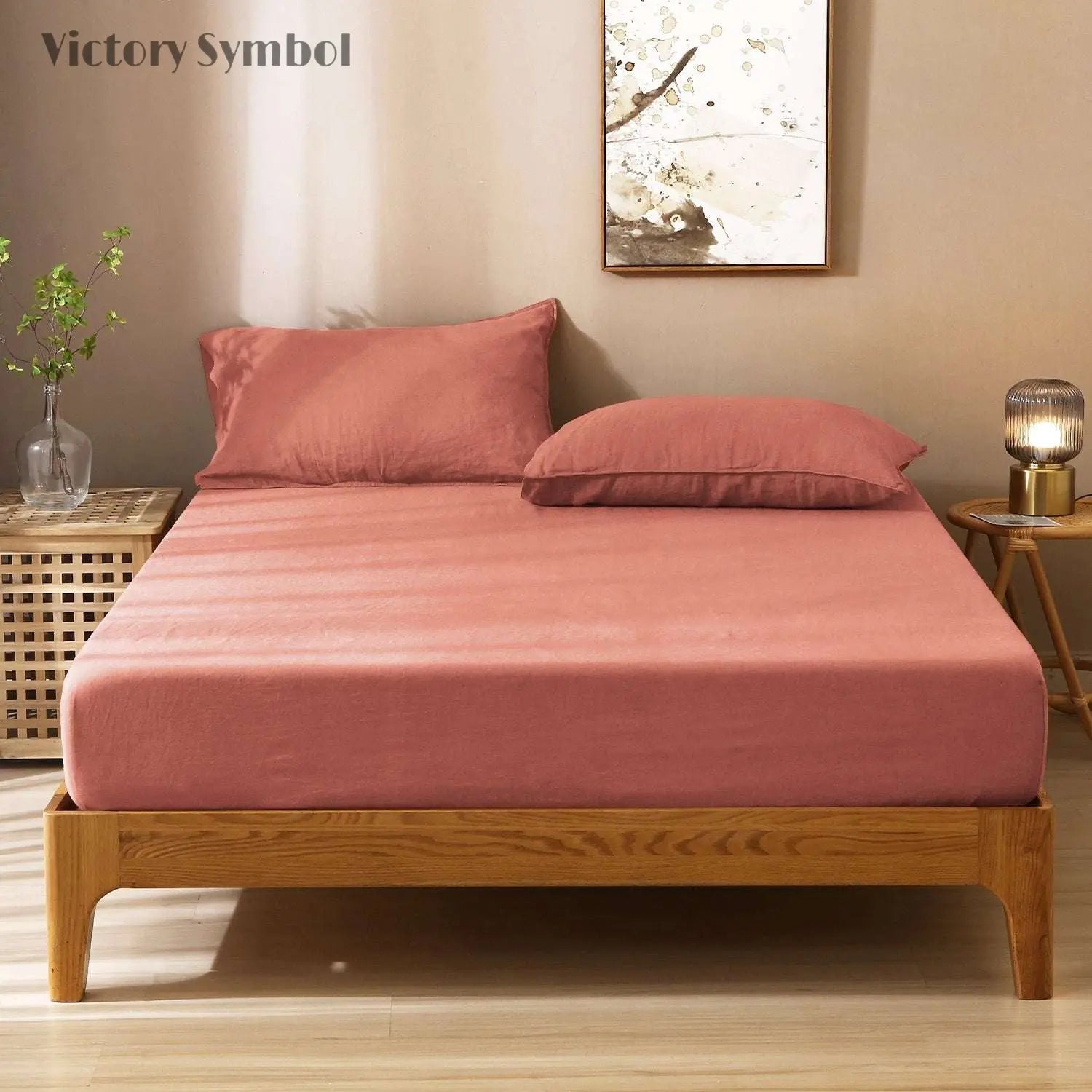 Clay Red 100% Organic Linen Sheets Set - Victory Symbol