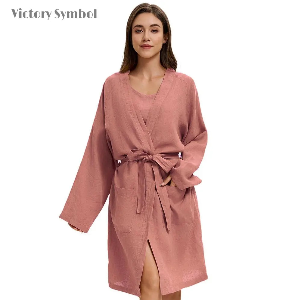 Clay Red 100% Organic Linen Women's V - Neck Robes - Victory Symbol