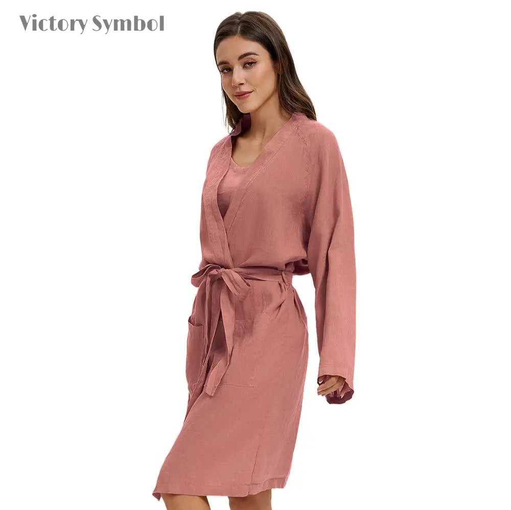 Clay Red 100% Organic Linen Women's V - Neck Robes - Victory Symbol