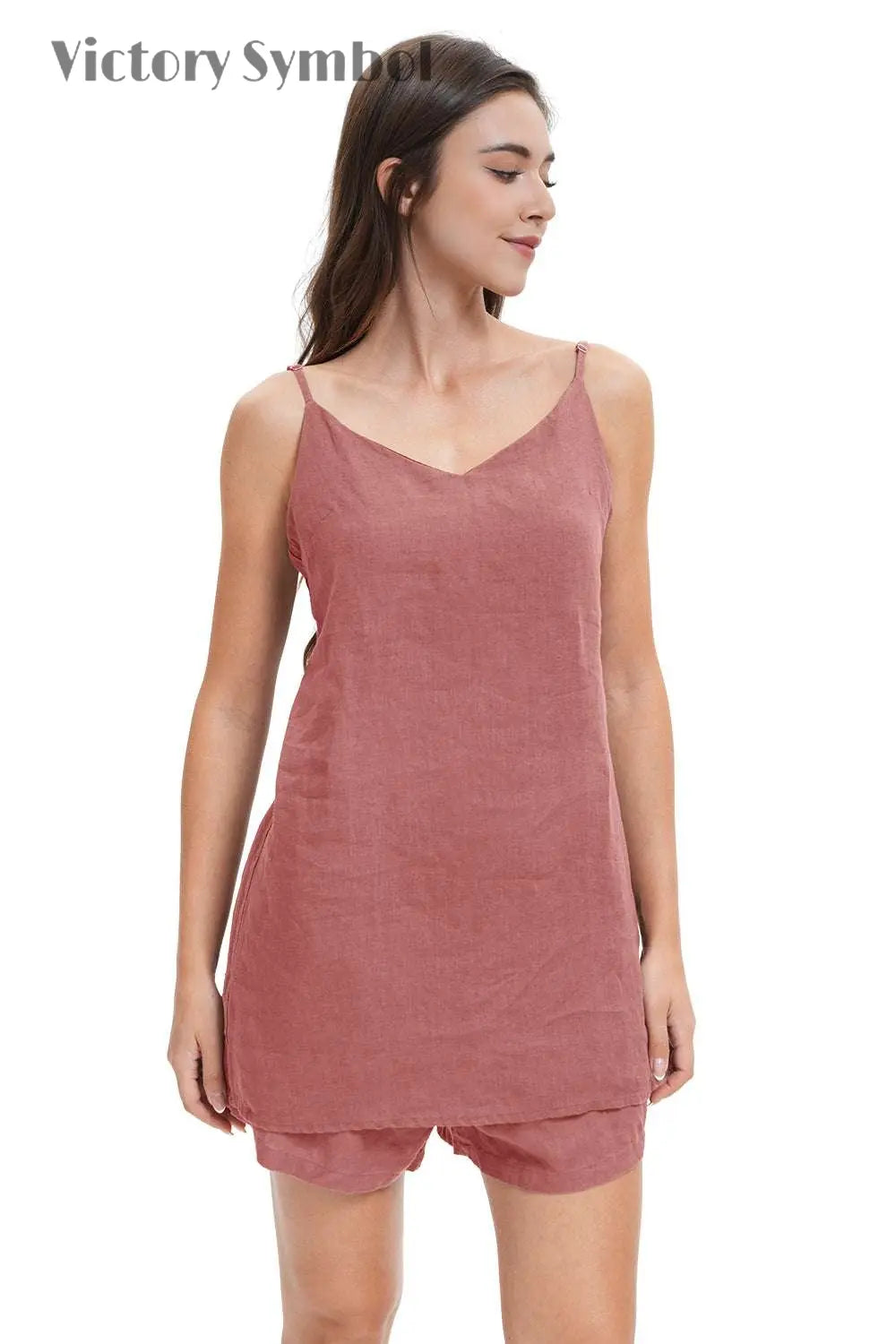Clay Red Women's Linen Camisole Tank Top V - Neck Loose Casual Adjustable Strap - Victory Symbol
