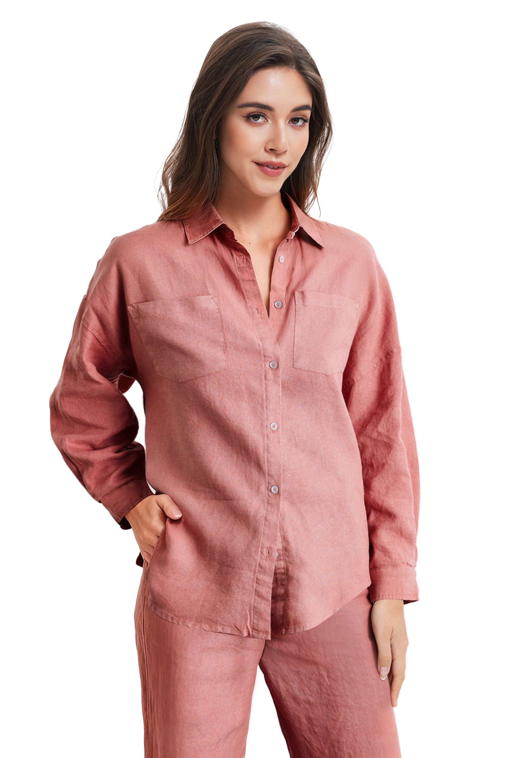 Clay Red 100% Organic Linen Long Sleeve Shirt-Victory Symbol