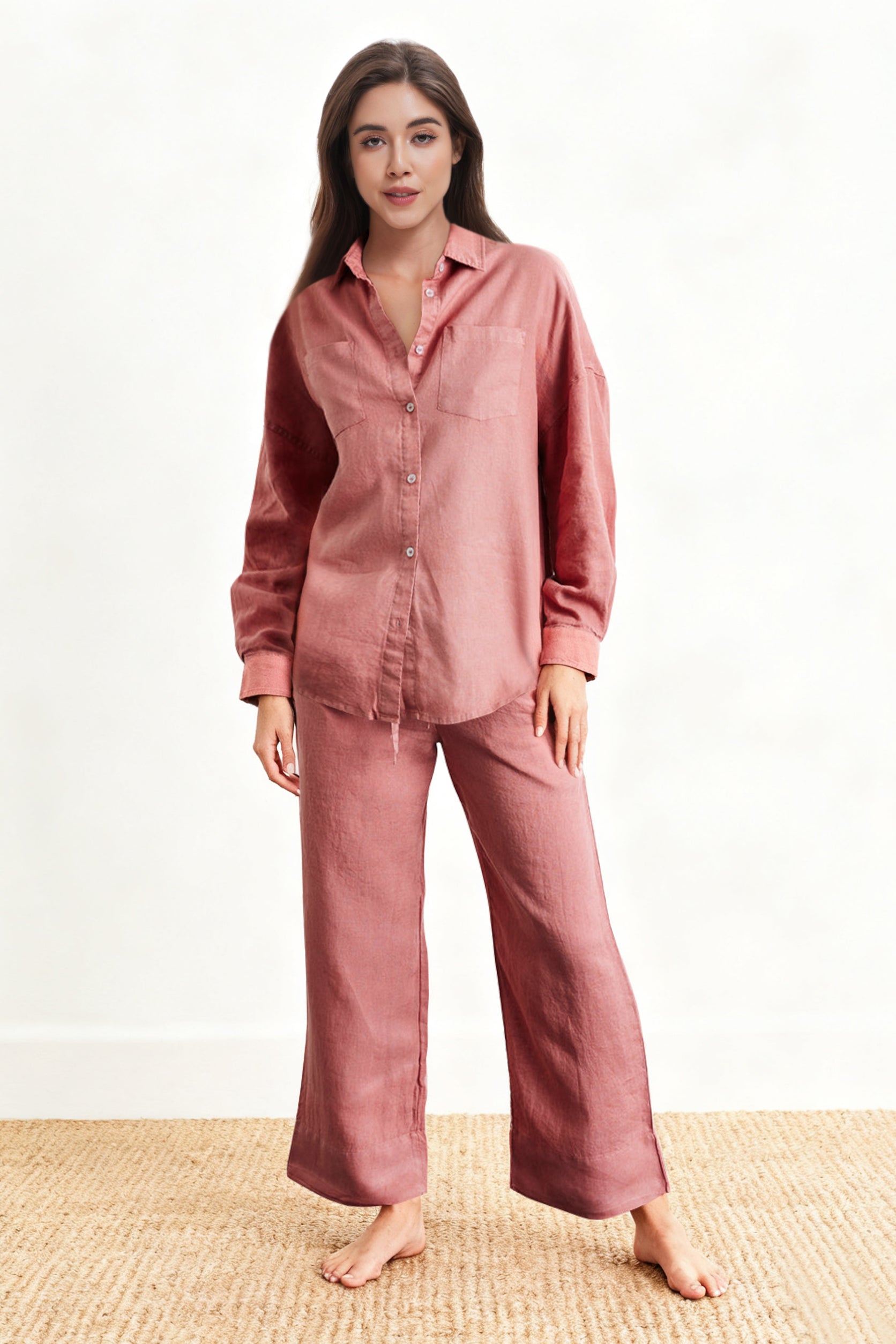 Clay Red 100% Organic Linen Long Sleeve Shirt-Victory Symbol