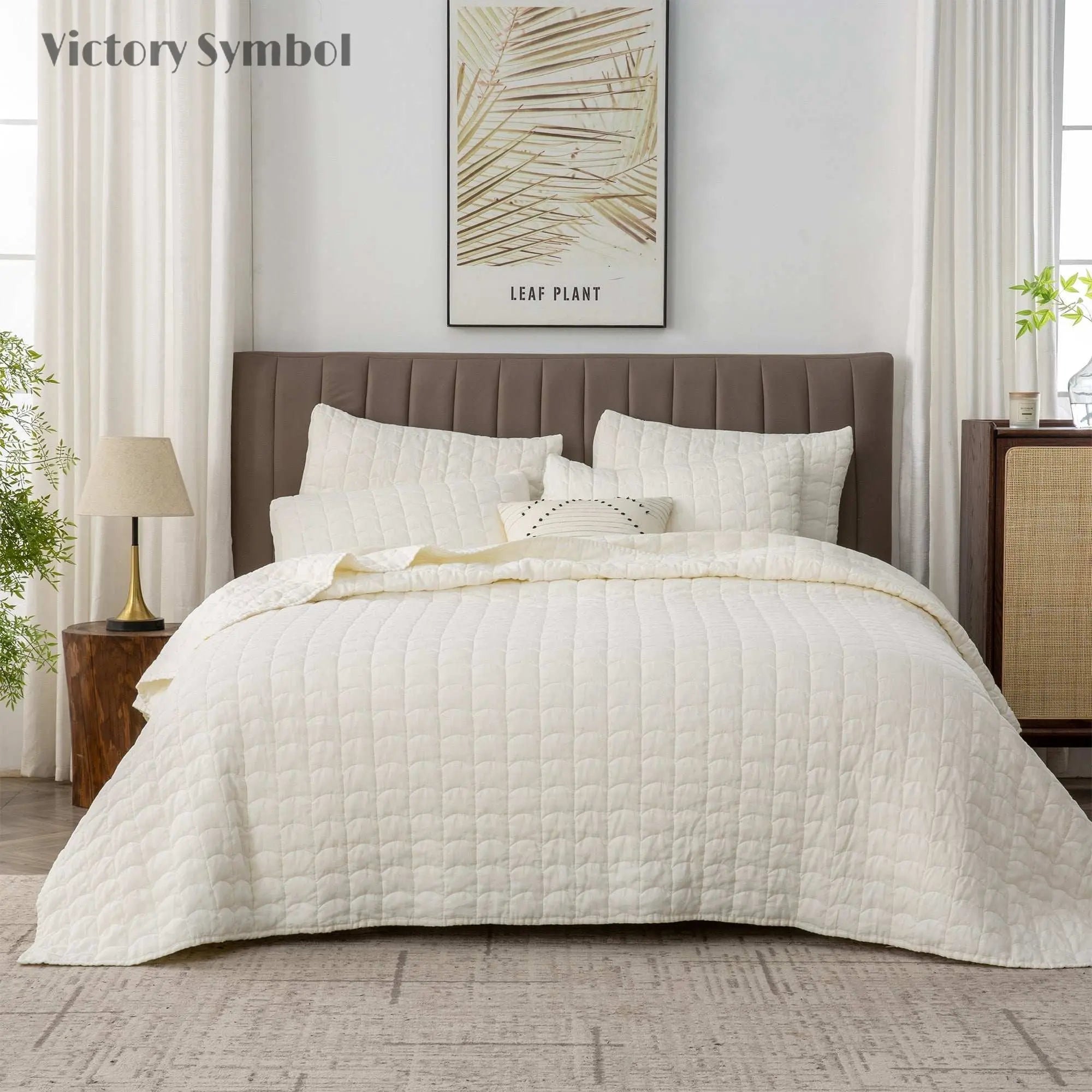 Creamy White 100% Organic Linen Quilt Set With Tile Pattern - Victory Symbol
