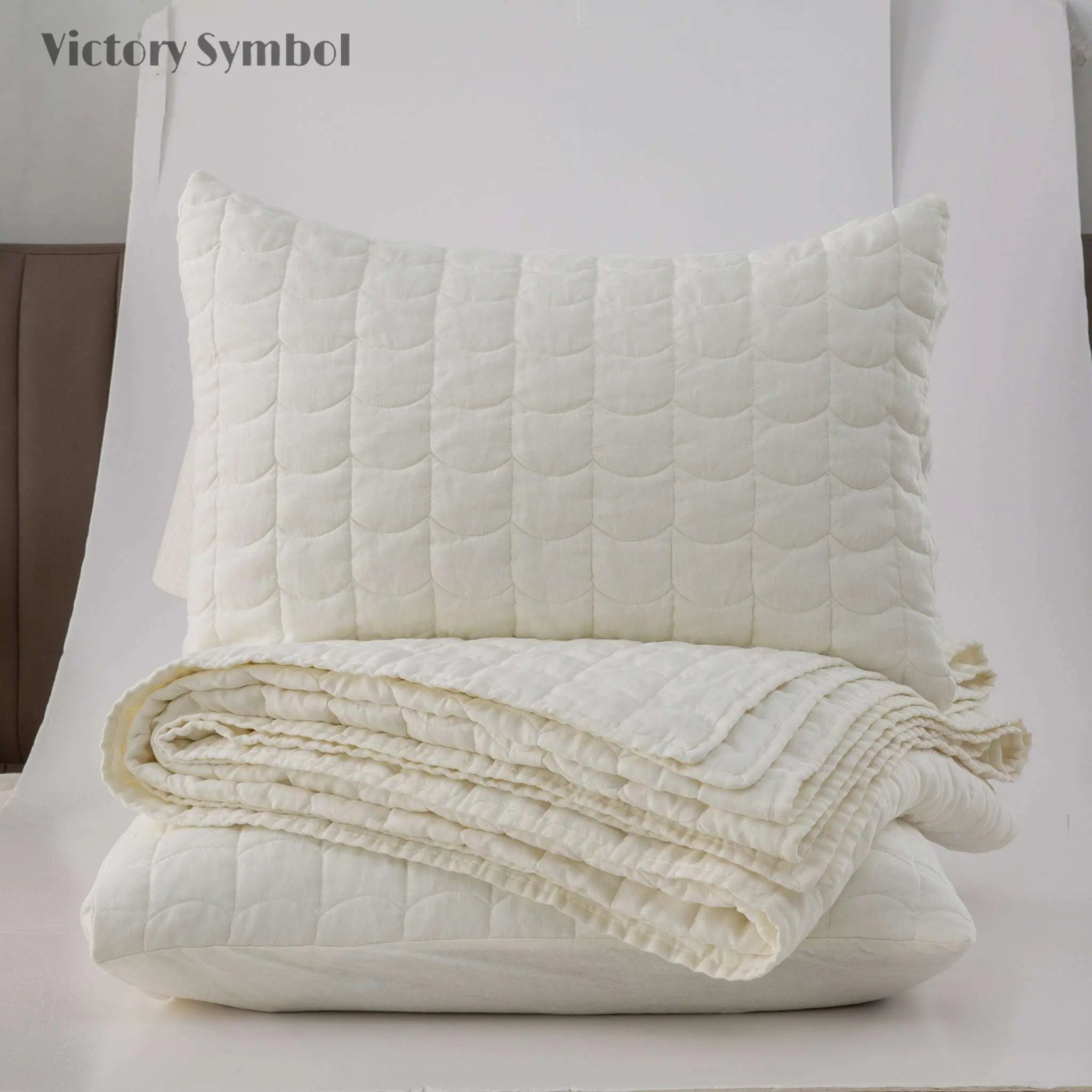 Creamy White 100% Organic Linen Quilt Set With Tile Pattern - Victory Symbol