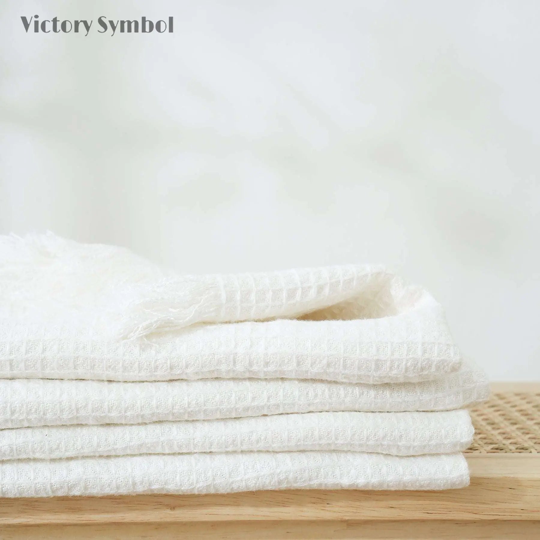 Creamy White 100% Organic Linen Waffle Plaid Blanket & Throw with Raw Edge - Victory Symbol