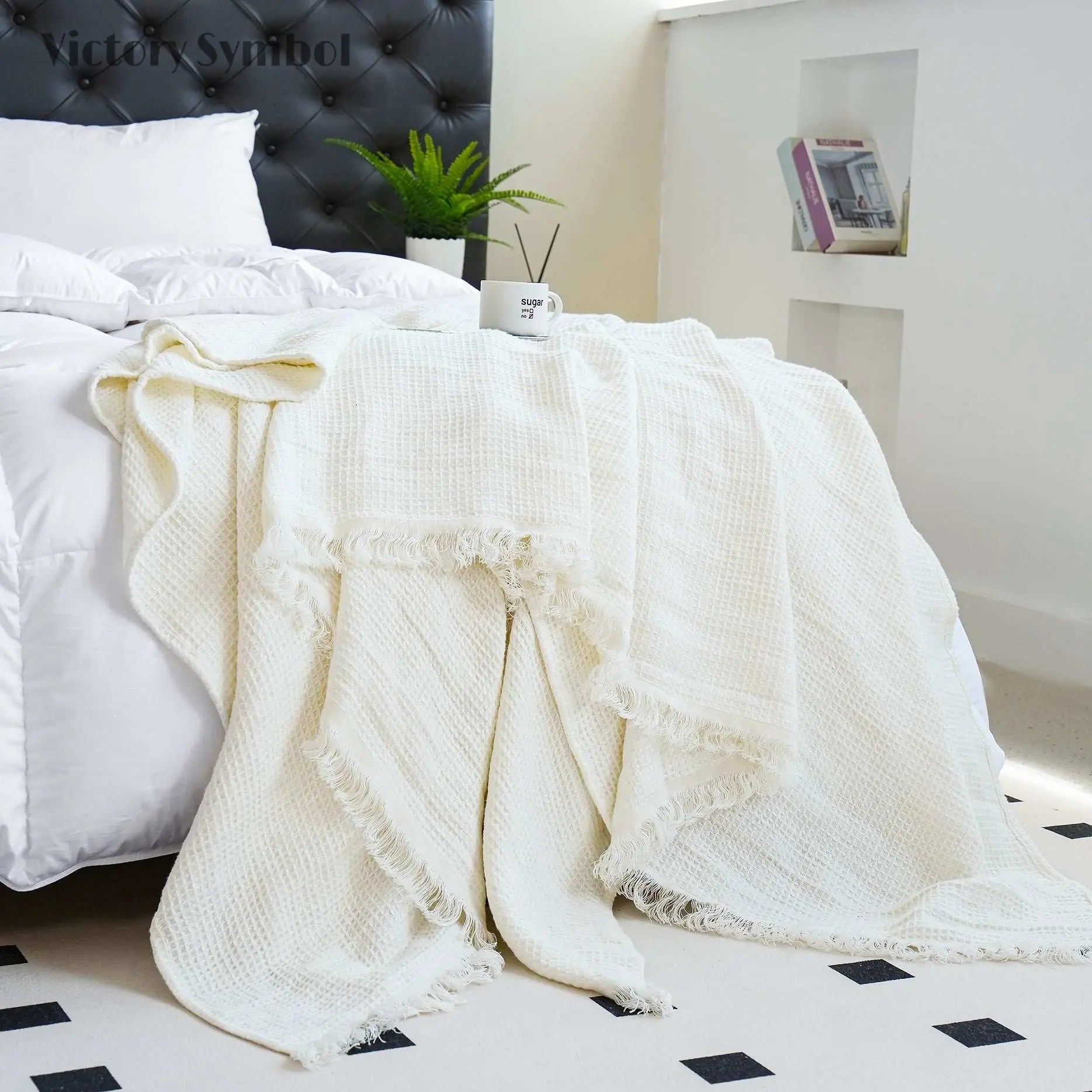Creamy White 100% Organic Linen Waffle Plaid Blanket & Throw with Raw Edge - Victory Symbol