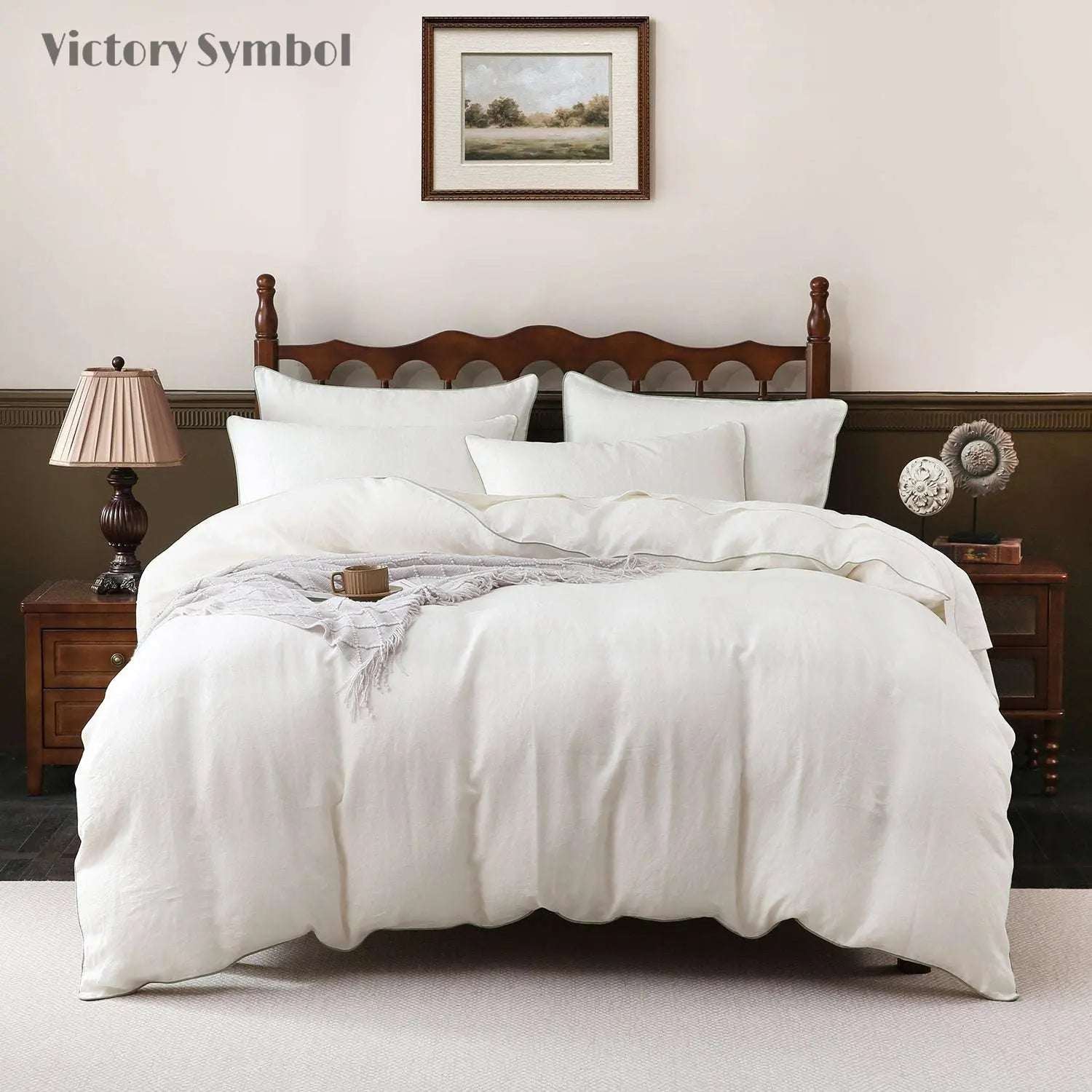 Creamy White With Mint Green Piping 100% Organic Linen Duvet Cover Set - Victory Symbol