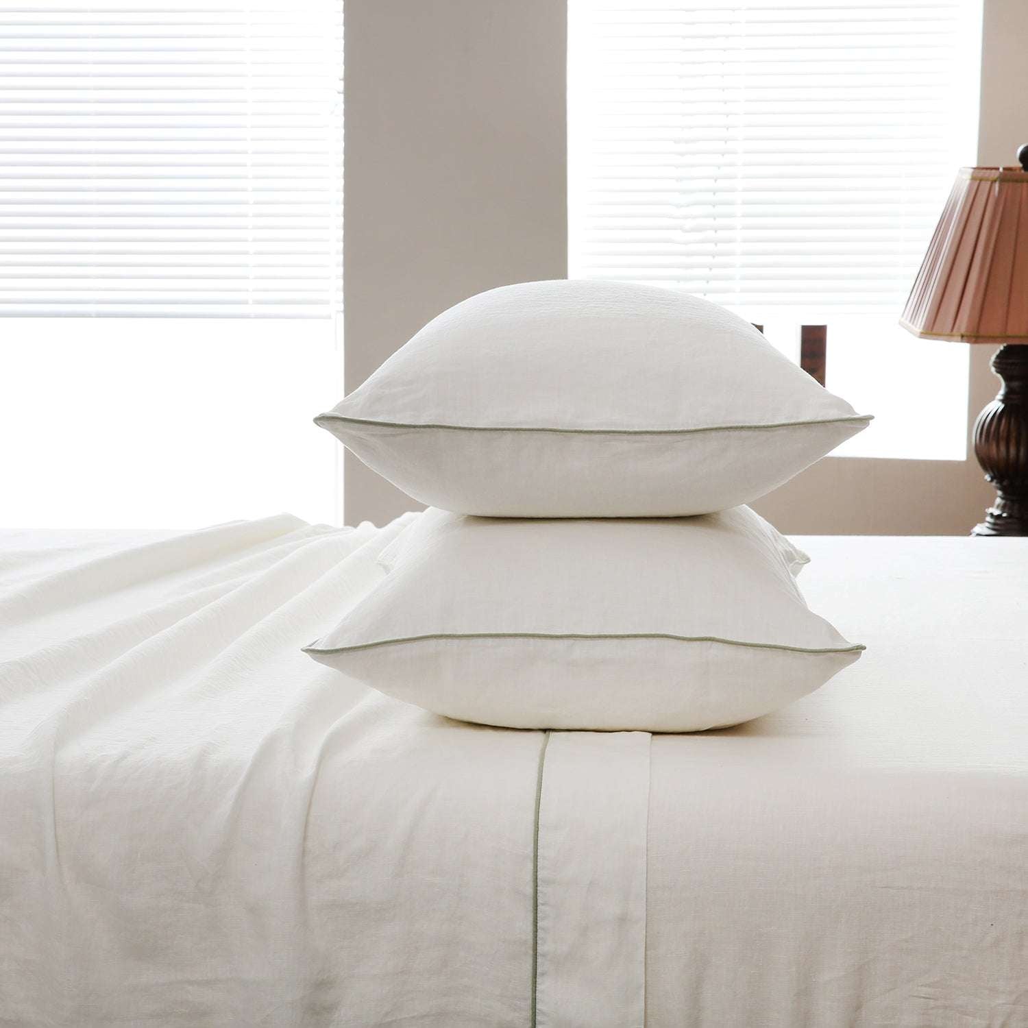 Creamy White With Mint Green Piping 100% Organic Linen Sheets Set